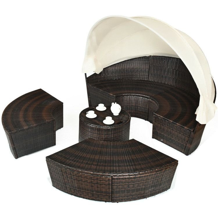 Patio Round Daybed Rattan Furniture Sets with Canopy - Comfortable Living Decor