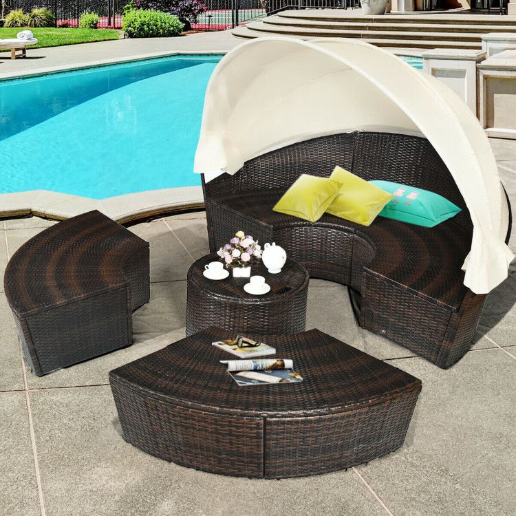 Patio Round Daybed Rattan Furniture Sets with Canopy - Comfortable Living Decor