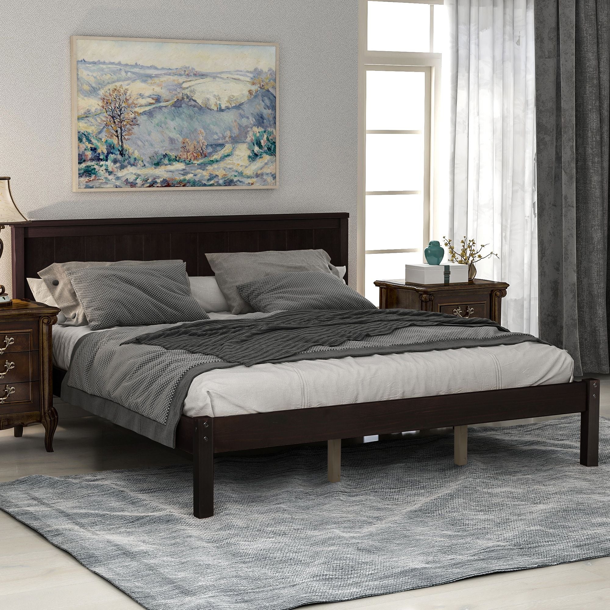 Platform Bed Frame with Headboard ; Wood Slat Support ; No Box Spring Needed ; Queen; Espresso - Comfortable Living Decor