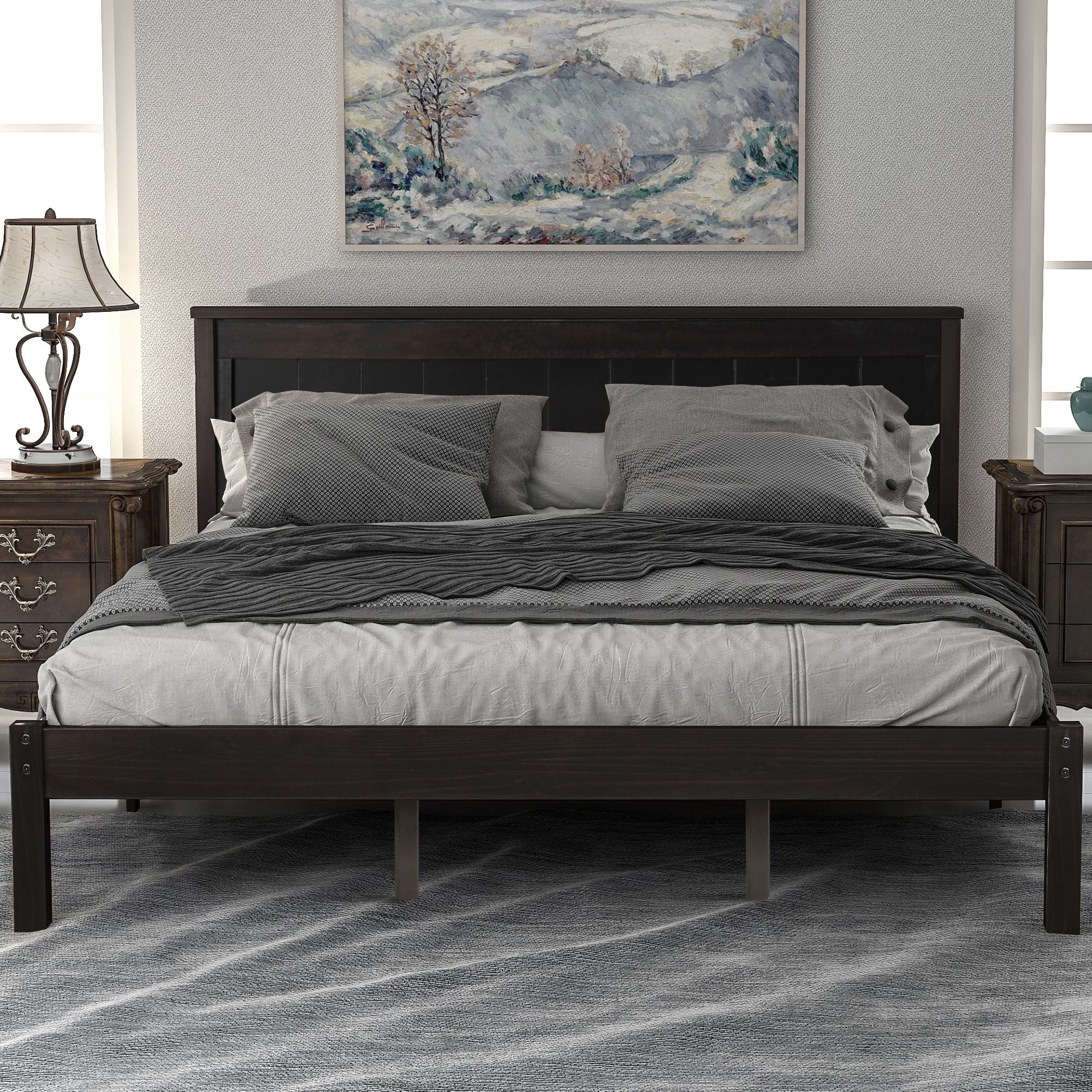 Platform Bed Frame with Headboard ; Wood Slat Support ; No Box Spring Needed ; Queen; Espresso - Comfortable Living Decor