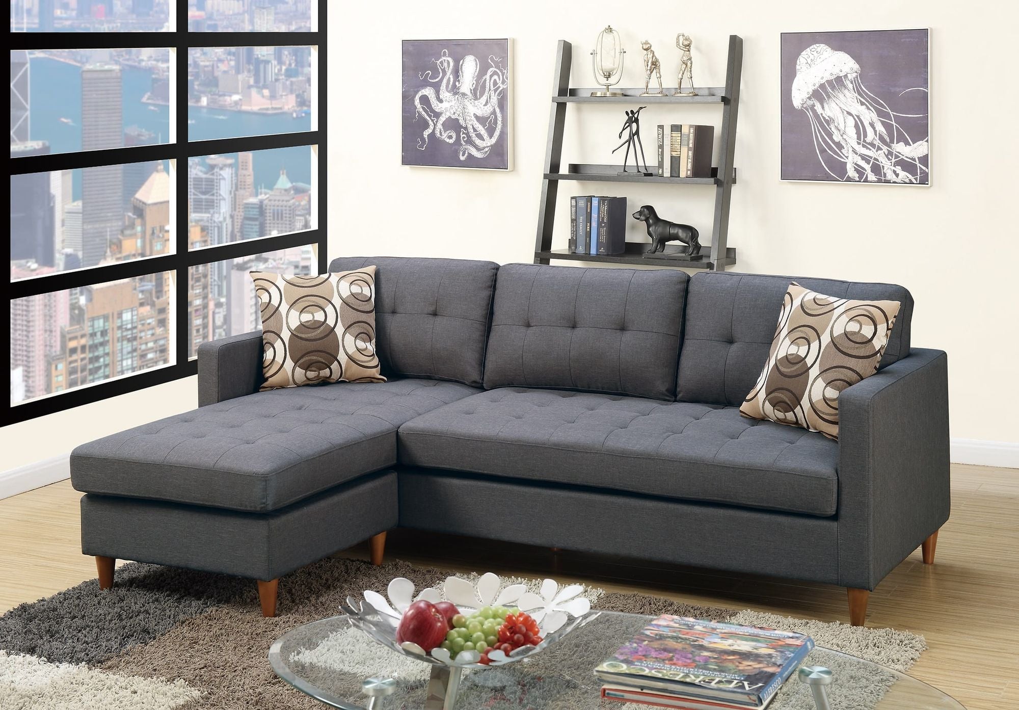 Polyfiber Blue/Grey Sectional Sofa - Comfortable Living Decor