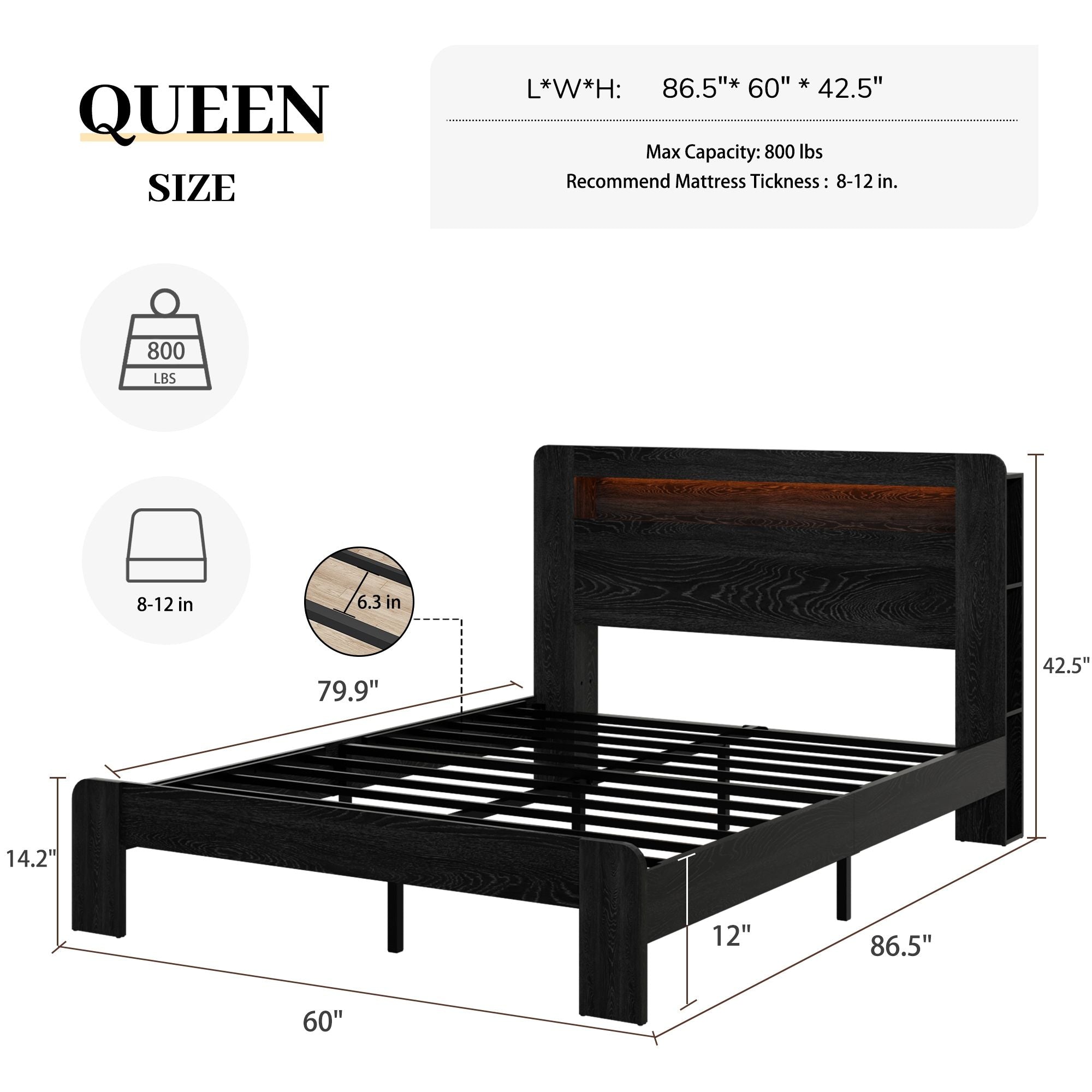 Queen Size Platform Bed Frame w/ LED Light by Yeah Depot - Comfortable Living Decor