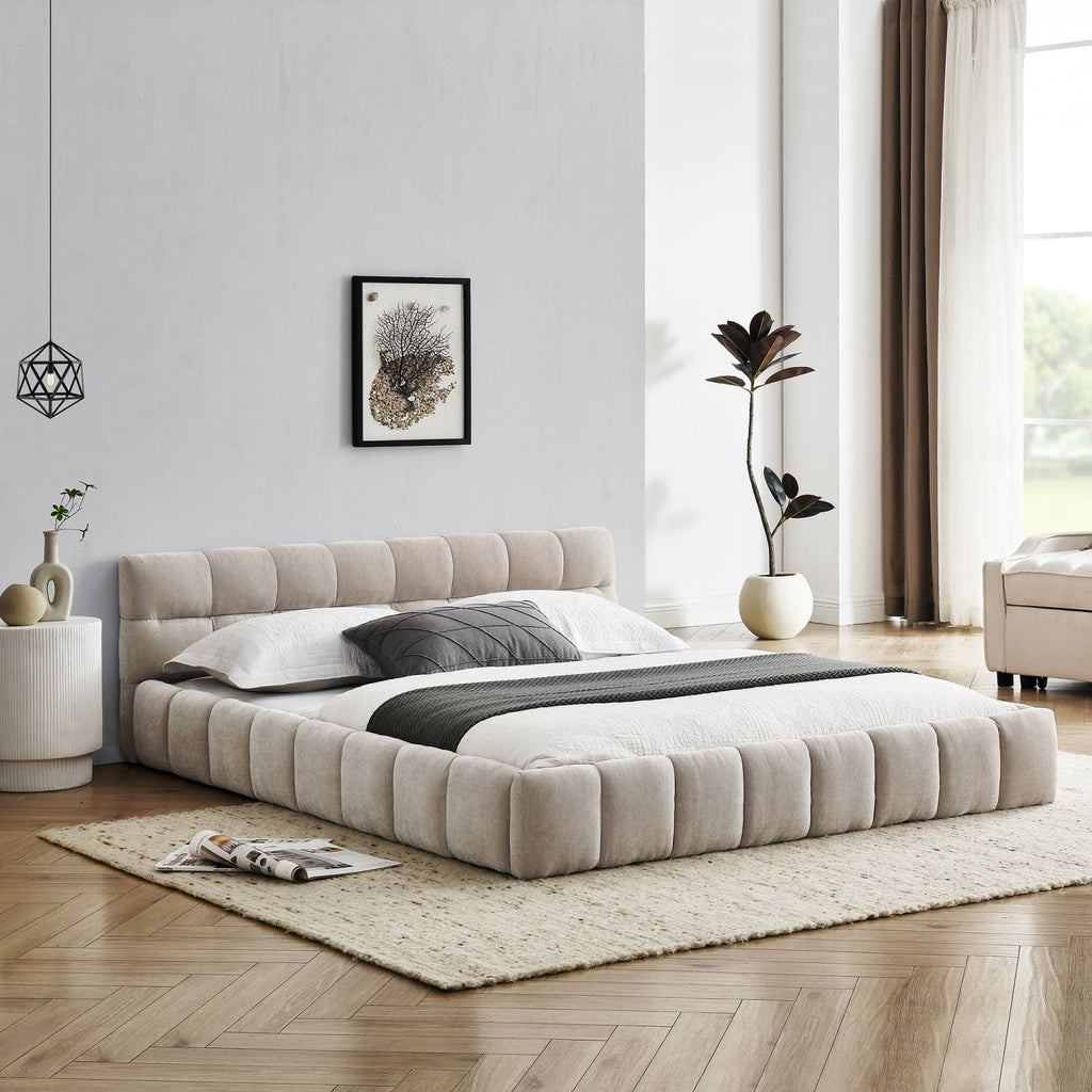 Queen Size Upholstered Bed Frame with Chenille Fabric by Yeah Depot - Comfortable Living Decor