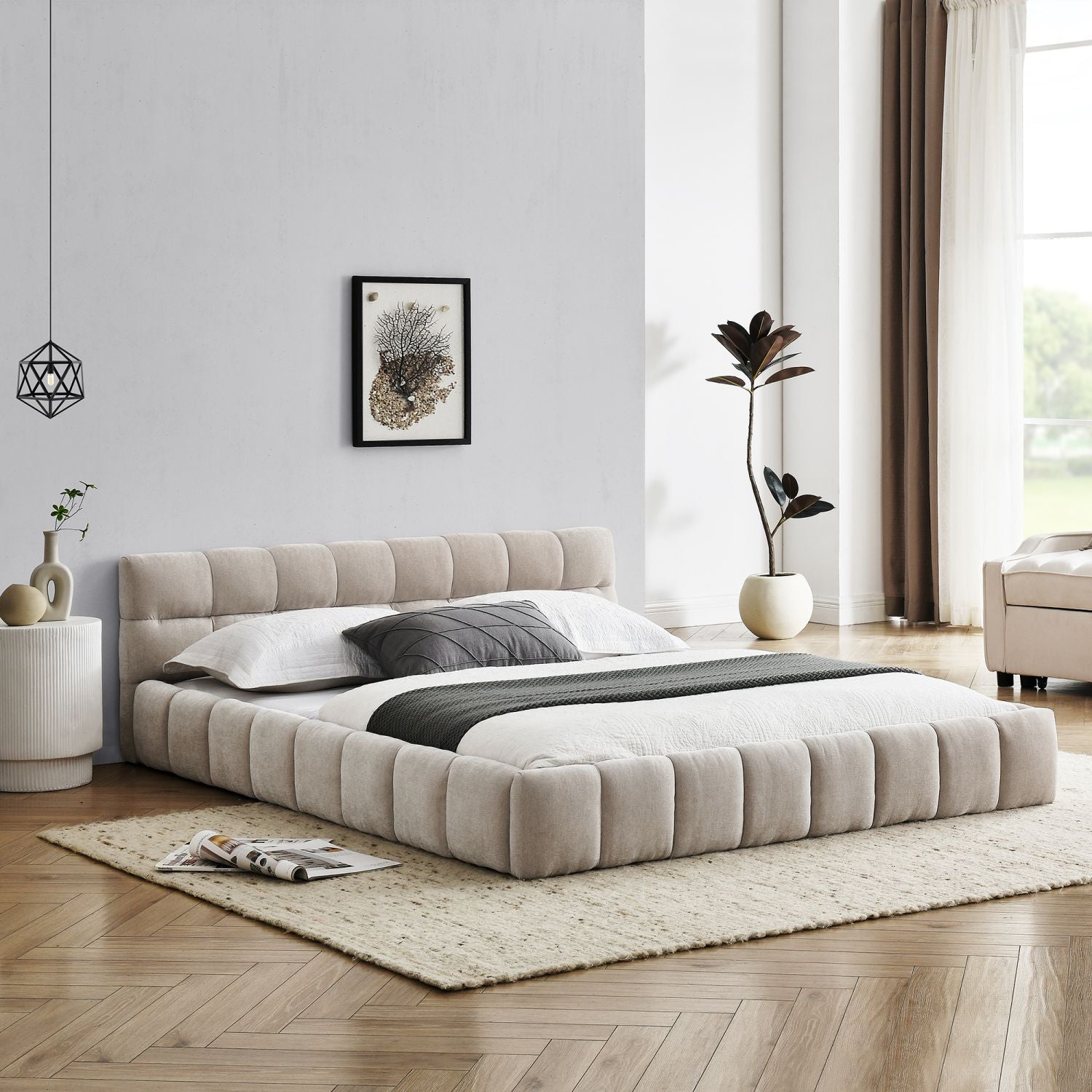 Queen Size Upholstered Bed Frame with Chenille Fabric by Yeah Depot - Comfortable Living Decor