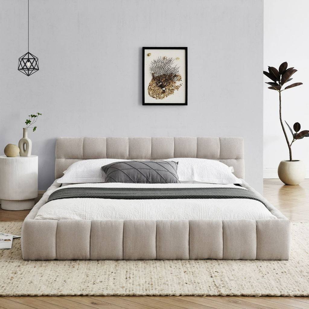 Queen Size Upholstered Bed Frame with Chenille Fabric by Yeah Depot - Comfortable Living Decor