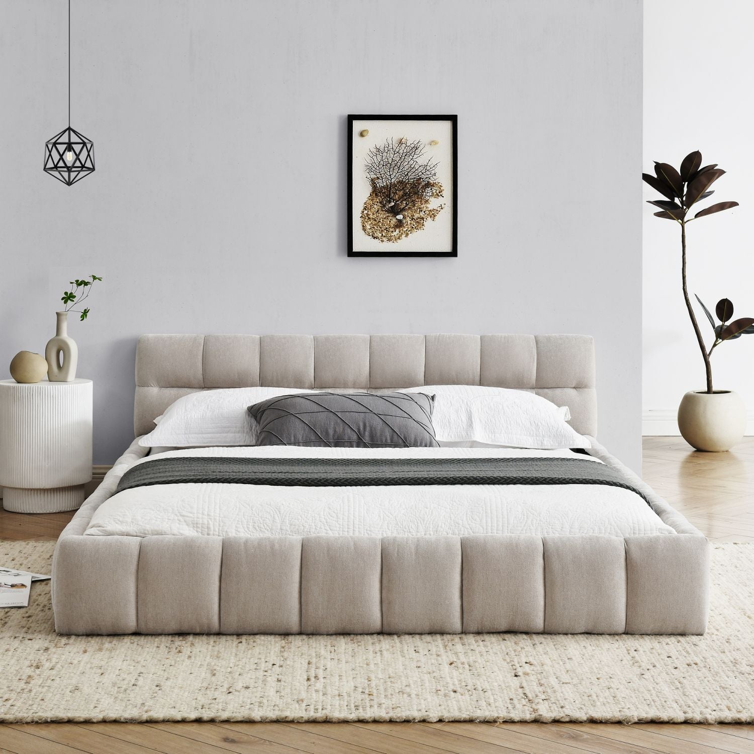 Queen Size Upholstered Bed Frame with Chenille Fabric by Yeah Depot - Comfortable Living Decor