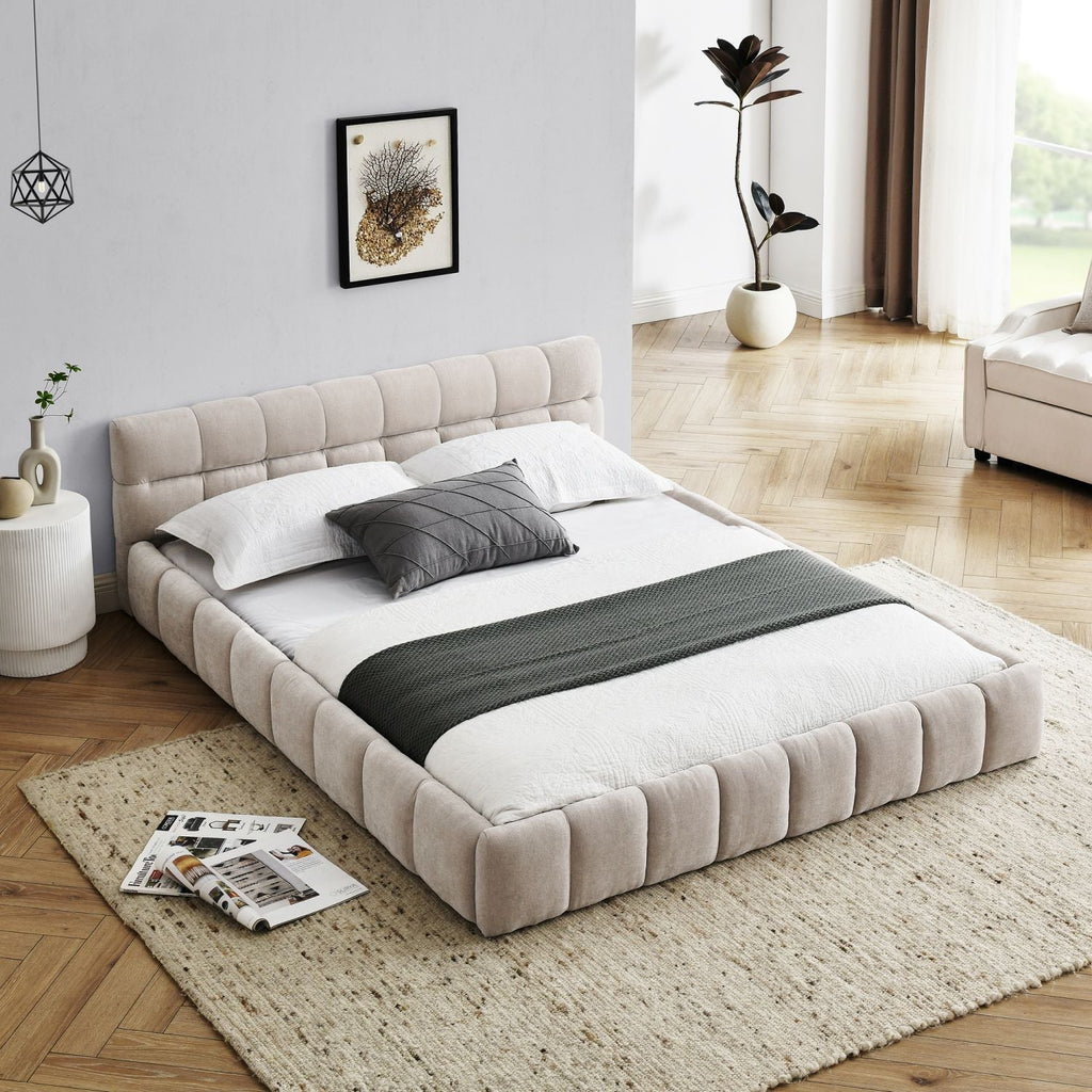 Queen Size Upholstered Bed Frame with Chenille Fabric by Yeah Depot - Comfortable Living Decor