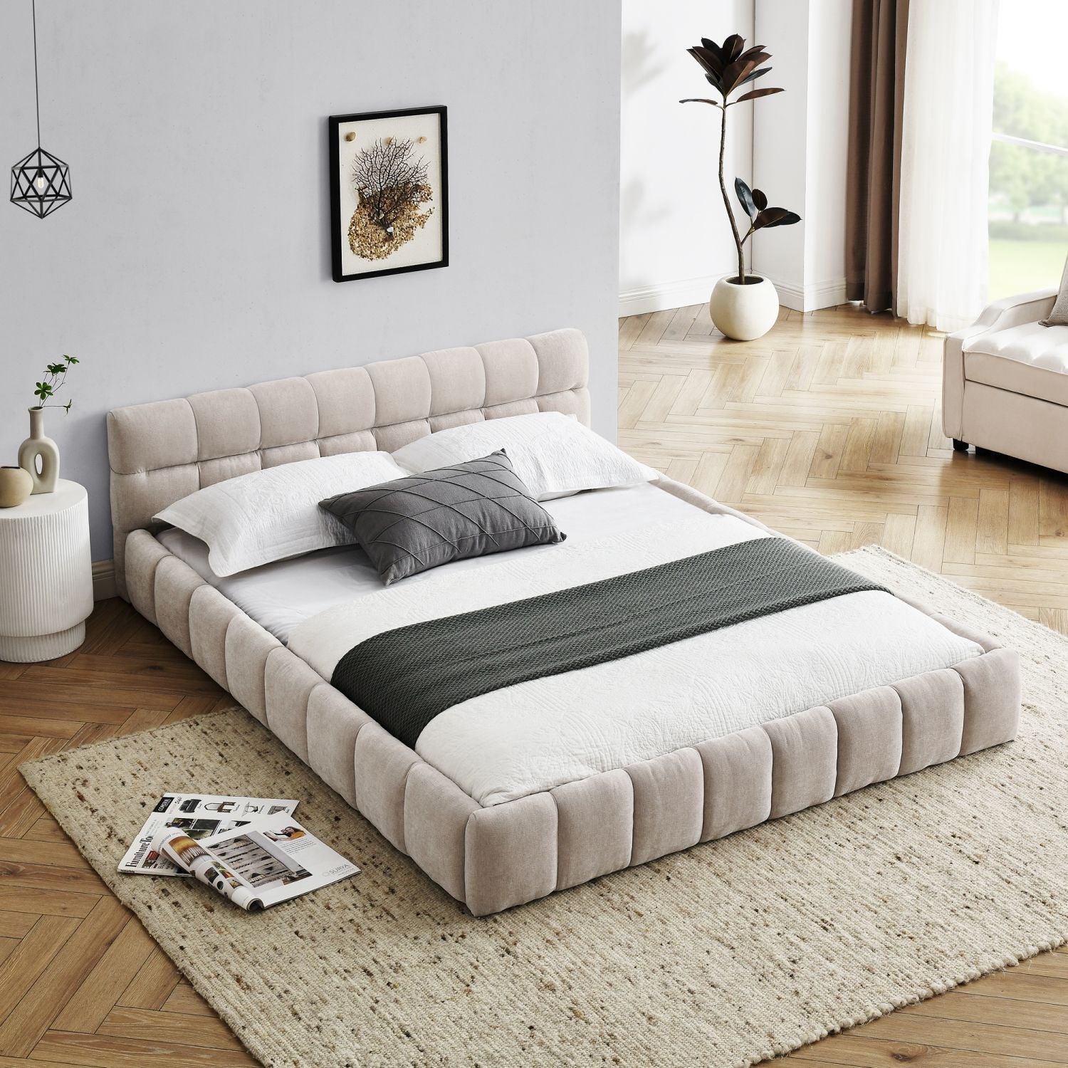 Queen Size Upholstered Bed Frame with Chenille Fabric by Yeah Depot - Comfortable Living Decor