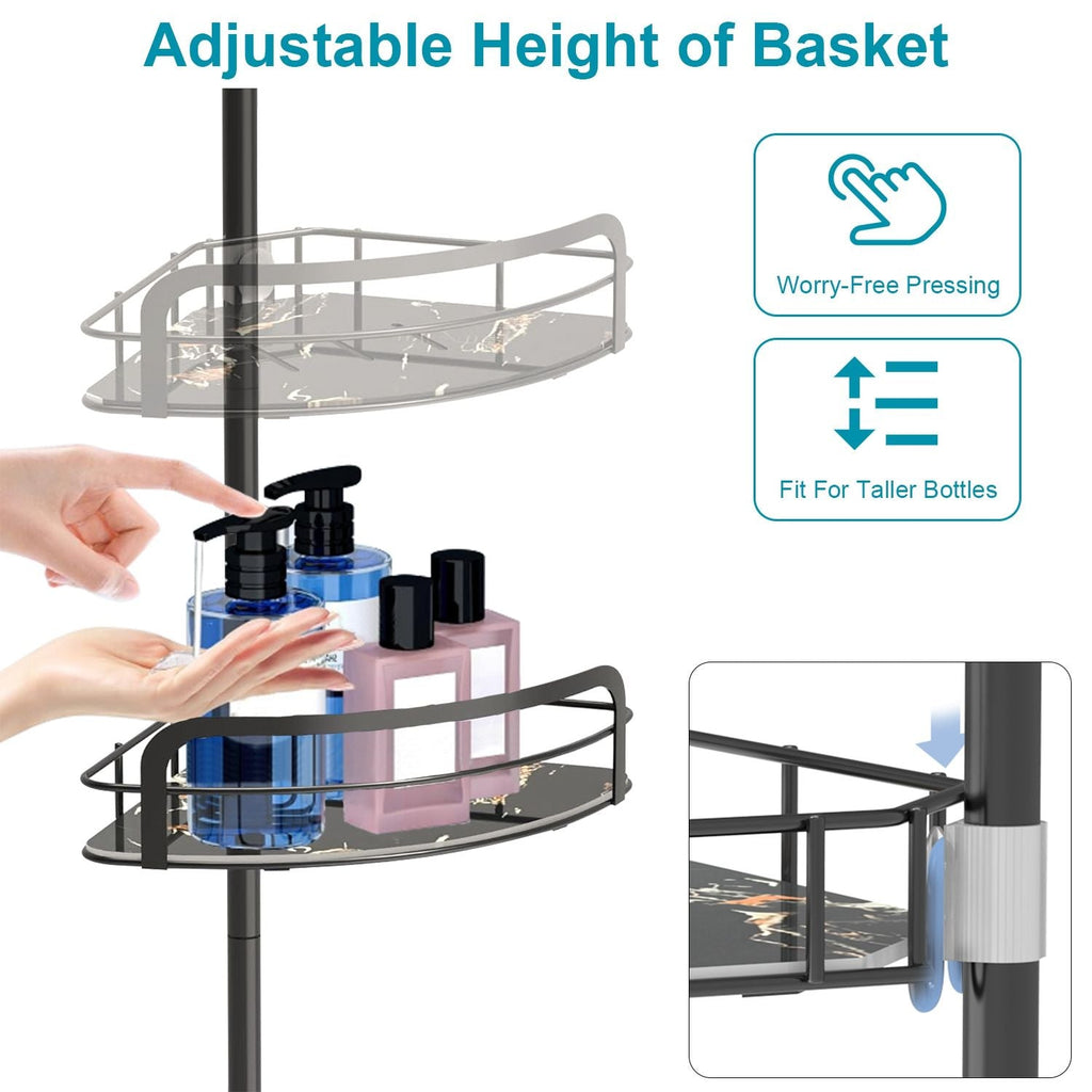 Rust - Resistant Corner Shower Caddy For Bathroom 4 Height Adjustable Shelves With Tension Pole Towel Bar Hanging Hook Floor Standing Bath Storage Rack 8.66 - 116.14IN - Comfortable Living Decor