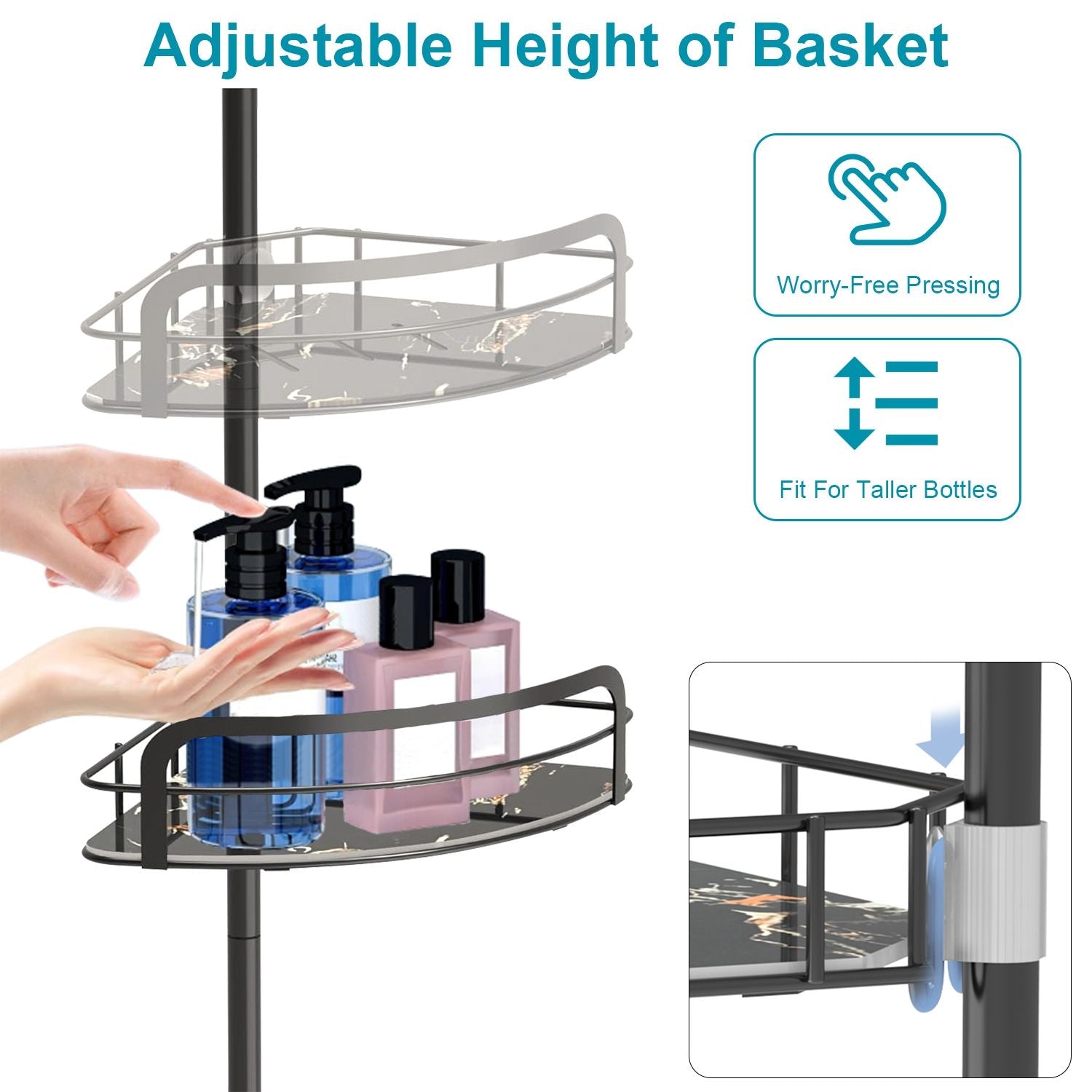Rust - Resistant Corner Shower Caddy For Bathroom 4 Height Adjustable Shelves With Tension Pole Towel Bar Hanging Hook Floor Standing Bath Storage Rack 8.66 - 116.14IN - Comfortable Living Decor