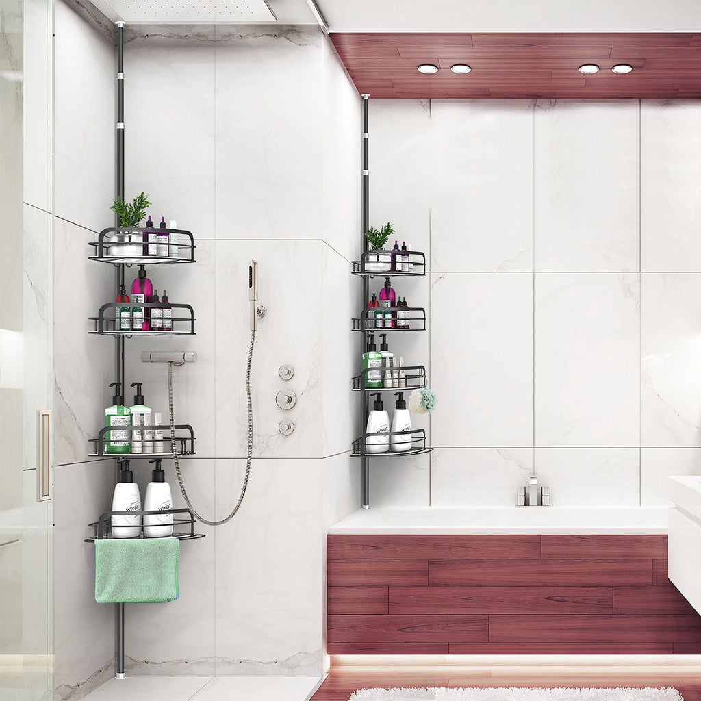 Rust - Resistant Corner Shower Caddy For Bathroom 4 Height Adjustable Shelves With Tension Pole Towel Bar Hanging Hook Floor Standing Bath Storage Rack 8.66 - 116.14IN - Comfortable Living Decor
