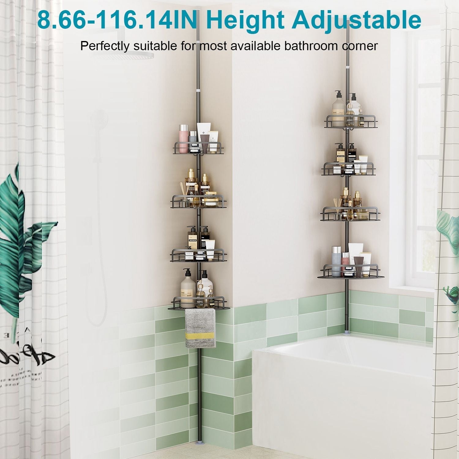 Rust - Resistant Corner Shower Caddy For Bathroom 4 Height Adjustable Shelves With Tension Pole Towel Bar Hanging Hook Floor Standing Bath Storage Rack 8.66 - 116.14IN - Comfortable Living Decor