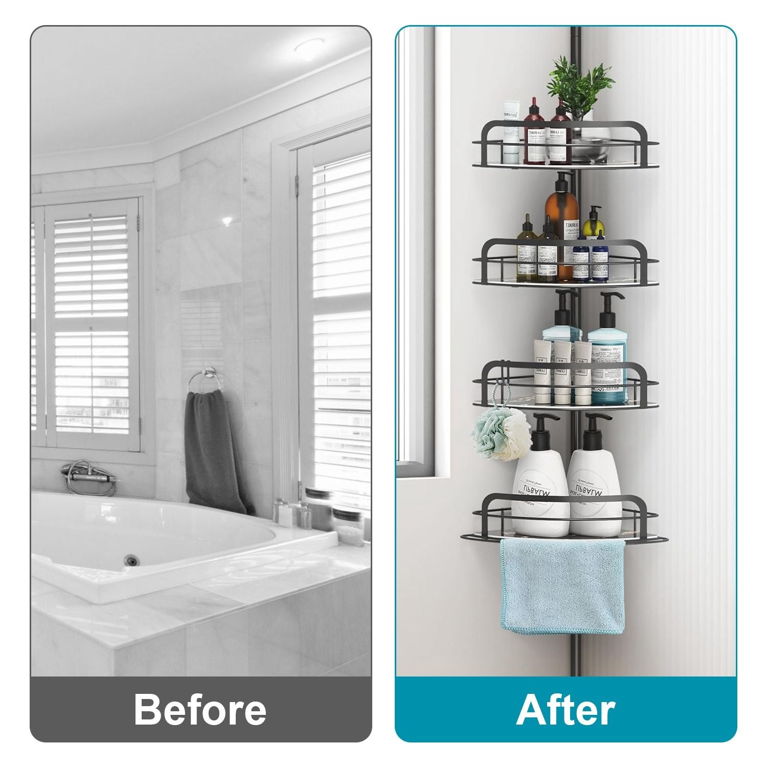 Rust - Resistant Corner Shower Caddy For Bathroom 4 Height Adjustable Shelves With Tension Pole Towel Bar Hanging Hook Floor Standing Bath Storage Rack 8.66 - 116.14IN - Comfortable Living Decor