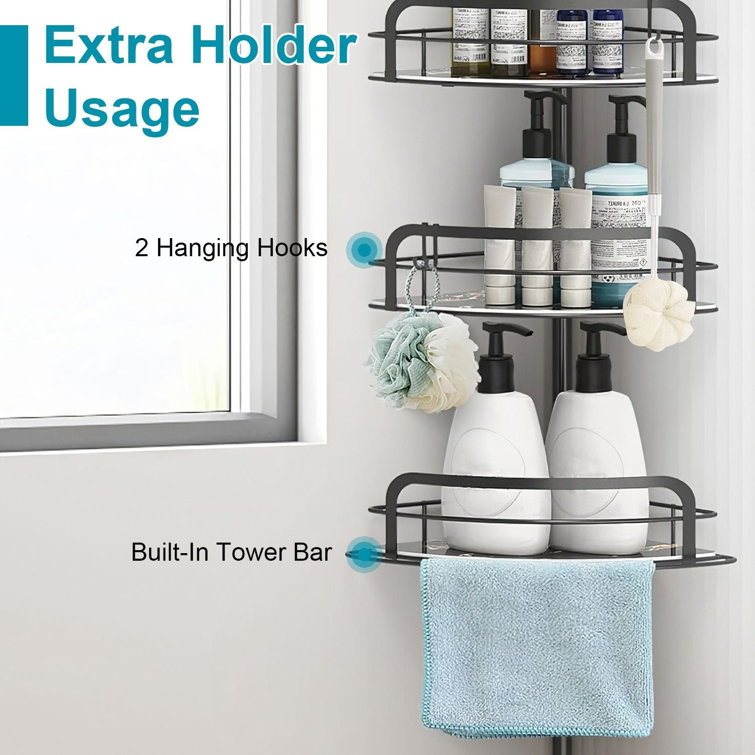 Rust - Resistant Corner Shower Caddy For Bathroom 4 Height Adjustable Shelves With Tension Pole Towel Bar Hanging Hook Floor Standing Bath Storage Rack 8.66 - 116.14IN - Comfortable Living Decor