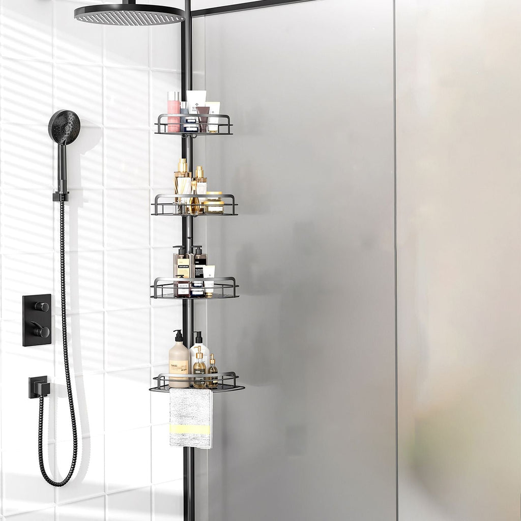Rust - Resistant Corner Shower Caddy For Bathroom 4 Height Adjustable Shelves With Tension Pole Towel Bar Hanging Hook Floor Standing Bath Storage Rack 8.66 - 116.14IN - Comfortable Living Decor