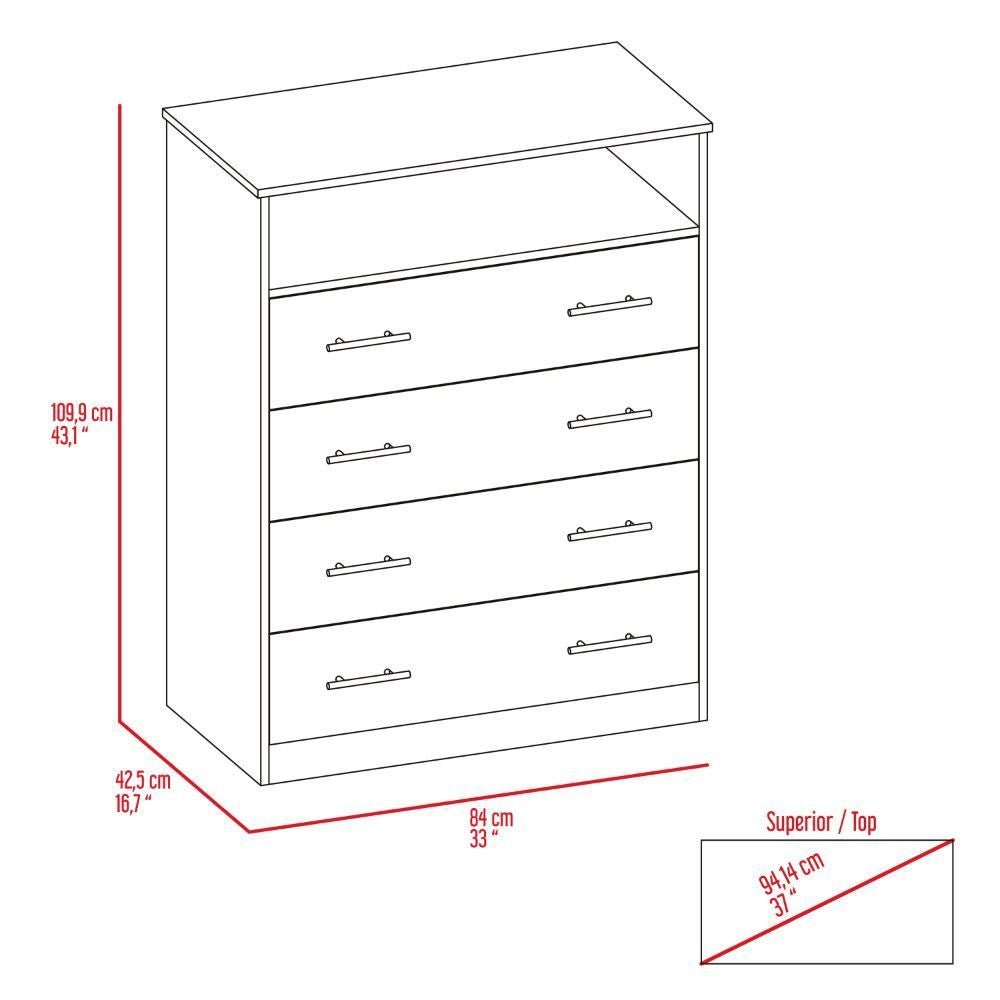 Serbian Four Drawer Dresser, Superior Top, One Open Shelf - Comfortable Living Decor