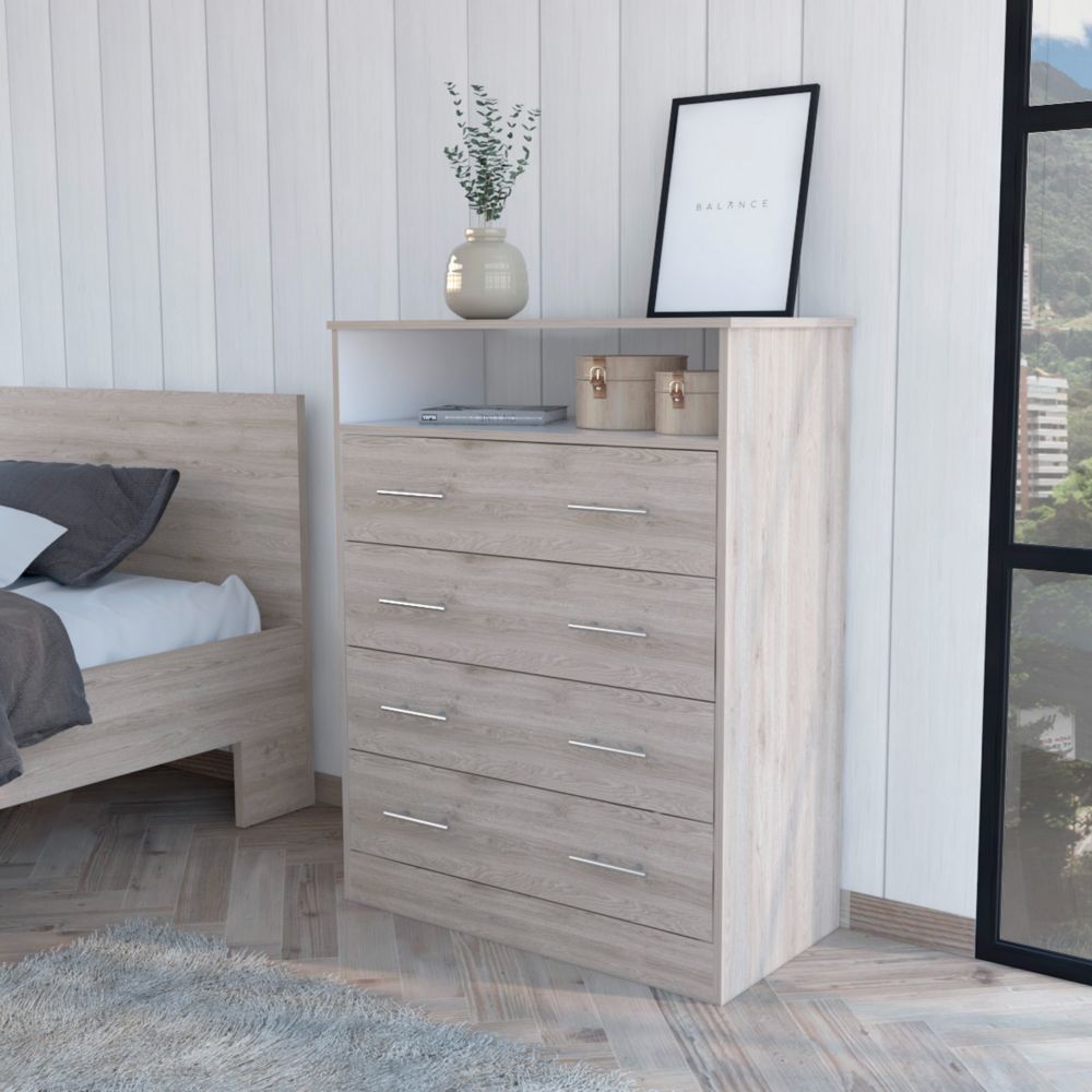 Serbian Four Drawer Dresser, Superior Top, One Open Shelf - Comfortable Living Decor