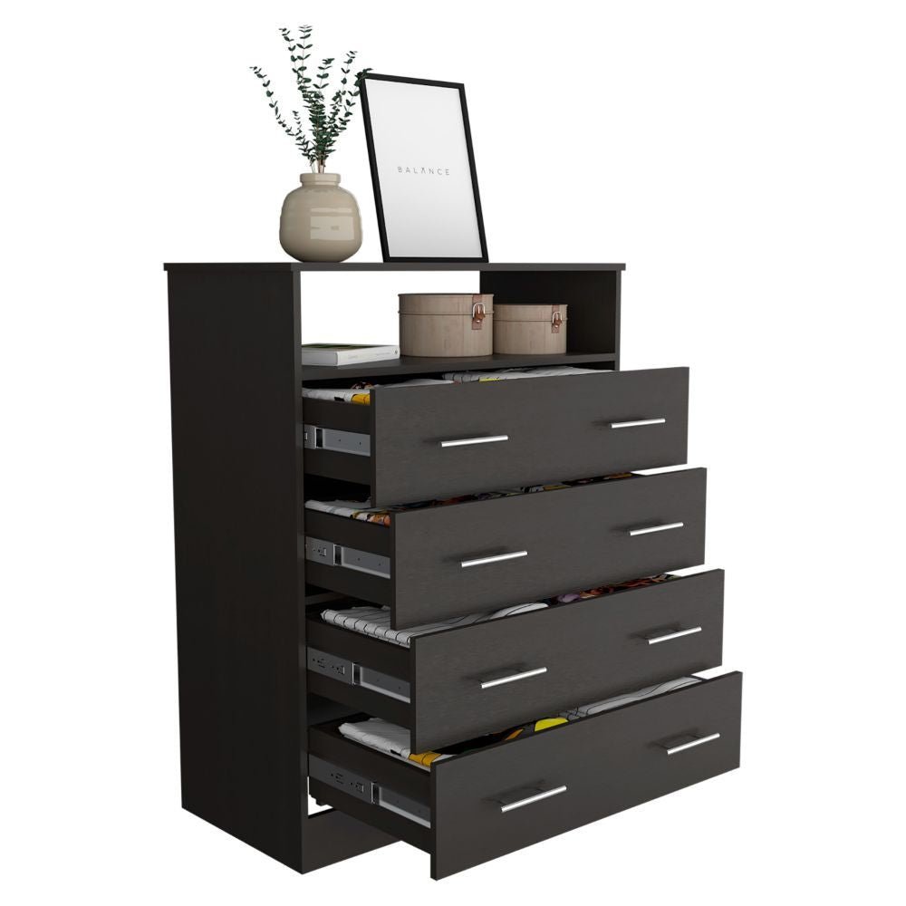 Serbian Four Drawer Dresser, Superior Top, One Open Shelf - Comfortable Living Decor