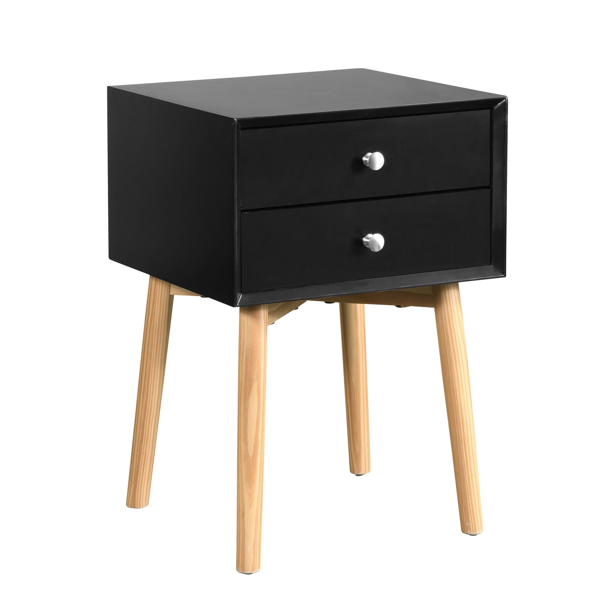 Side Table with 2 Drawer and Rubber Wood Legs; Mid - Century Modern Storage Cabinet for Bedroom Living Room Furniture; Black - Comfortable Living Decor