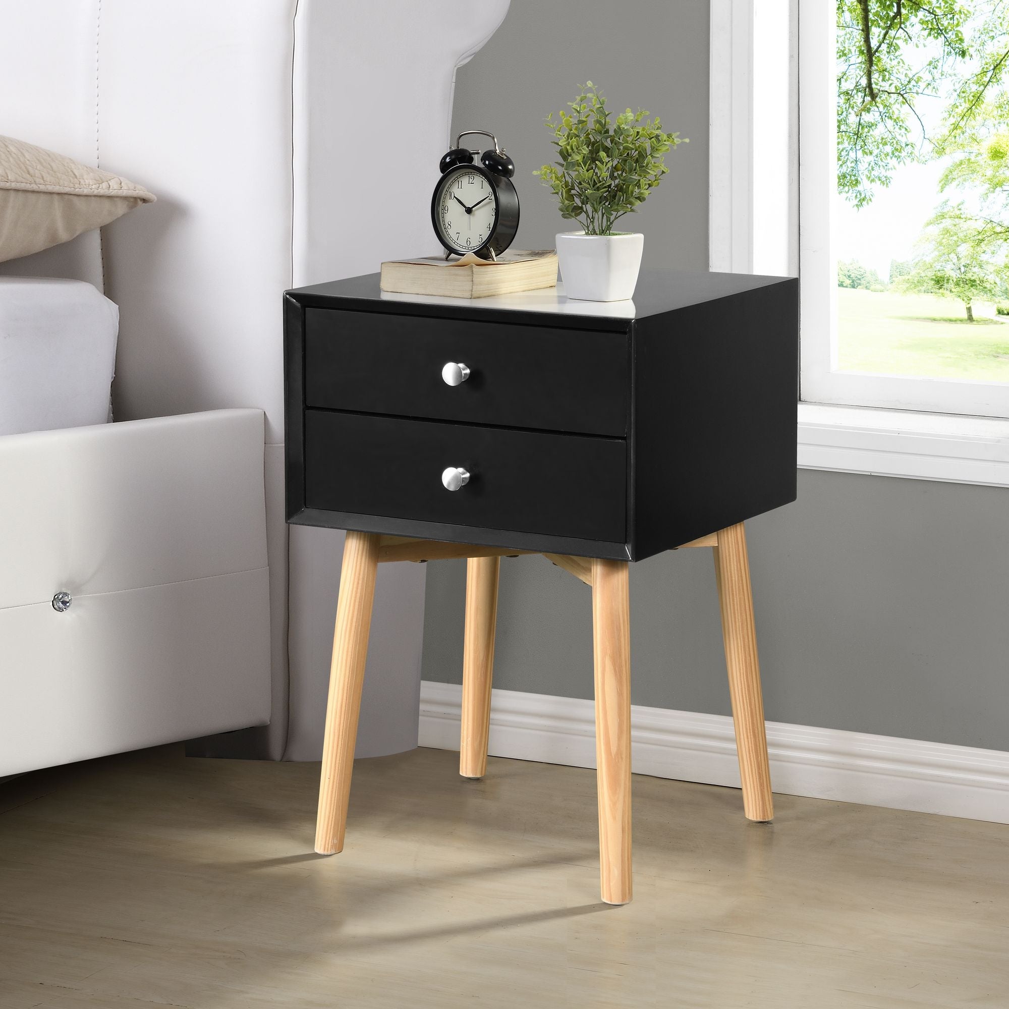 Side Table with 2 Drawer and Rubber Wood Legs; Mid - Century Modern Storage Cabinet for Bedroom Living Room Furniture; Black - Comfortable Living Decor