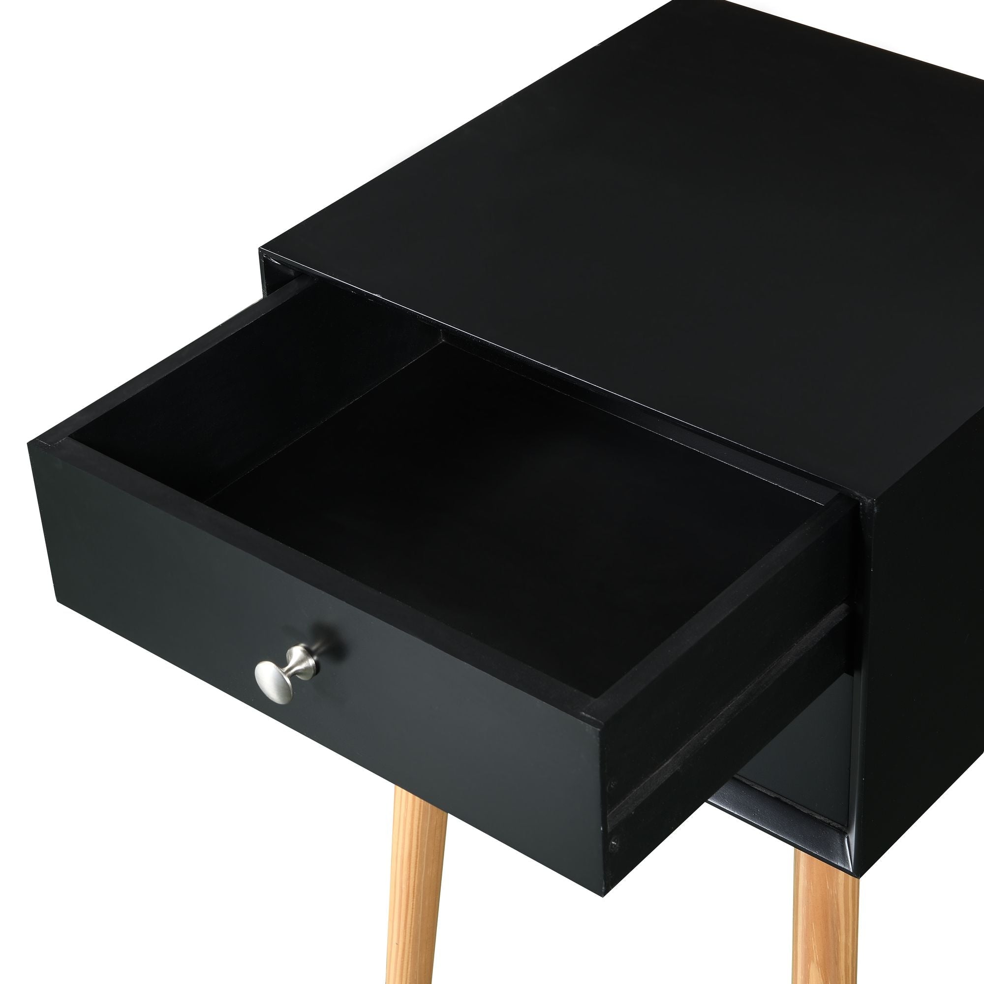 Side Table with 2 Drawer and Rubber Wood Legs; Mid - Century Modern Storage Cabinet for Bedroom Living Room Furniture; Black - Comfortable Living Decor