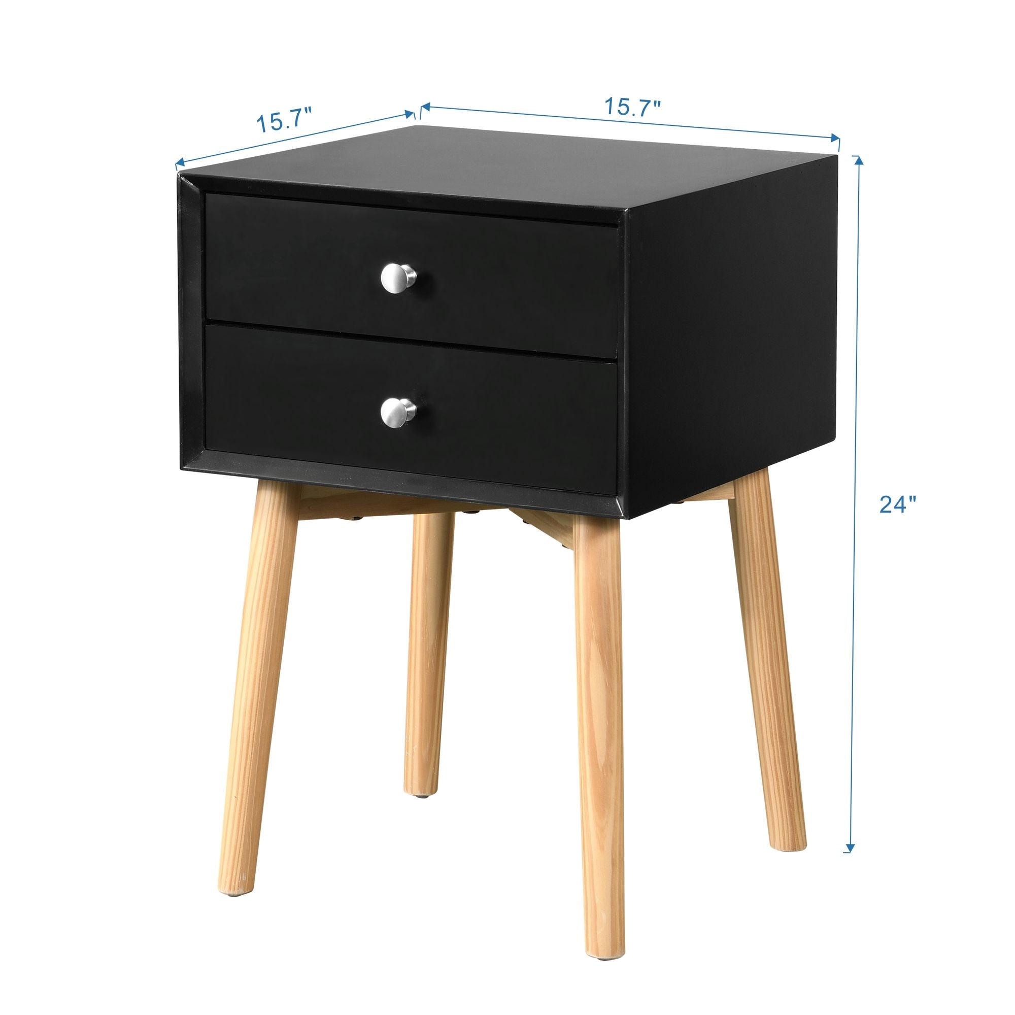 Side Table with 2 Drawer and Rubber Wood Legs; Mid - Century Modern Storage Cabinet for Bedroom Living Room Furniture; Black - Comfortable Living Decor