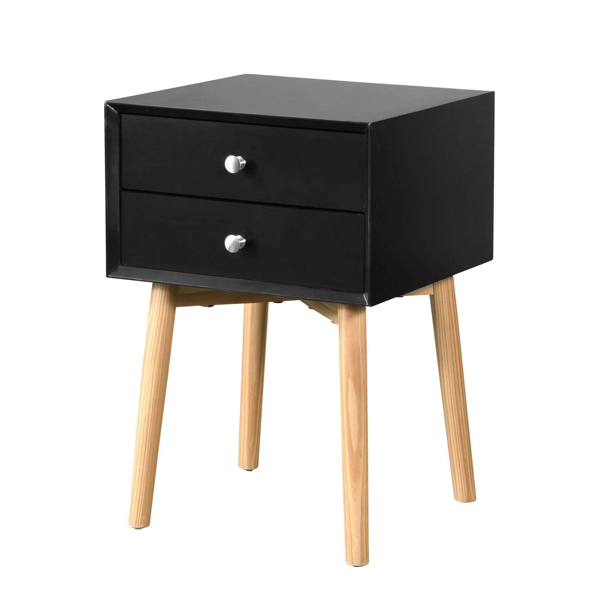 Side Table with 2 Drawer and Rubber Wood Legs; Mid - Century Modern Storage Cabinet for Bedroom Living Room Furniture; Black - Comfortable Living Decor