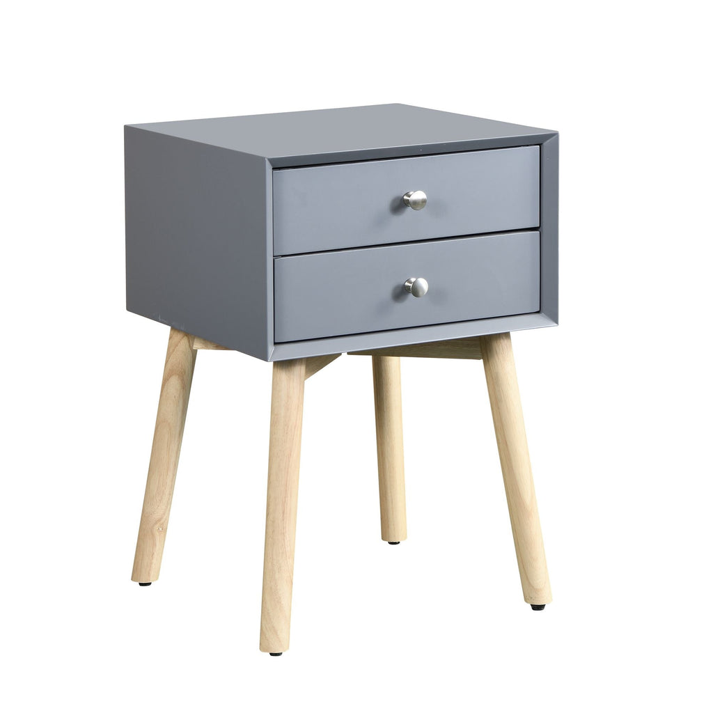 Side Table with 2 Drawer and Rubber Wood Legs; Mid - Century Modern Storage Cabinet for Bedroom Living Room Furniture; Gray - Comfortable Living Decor