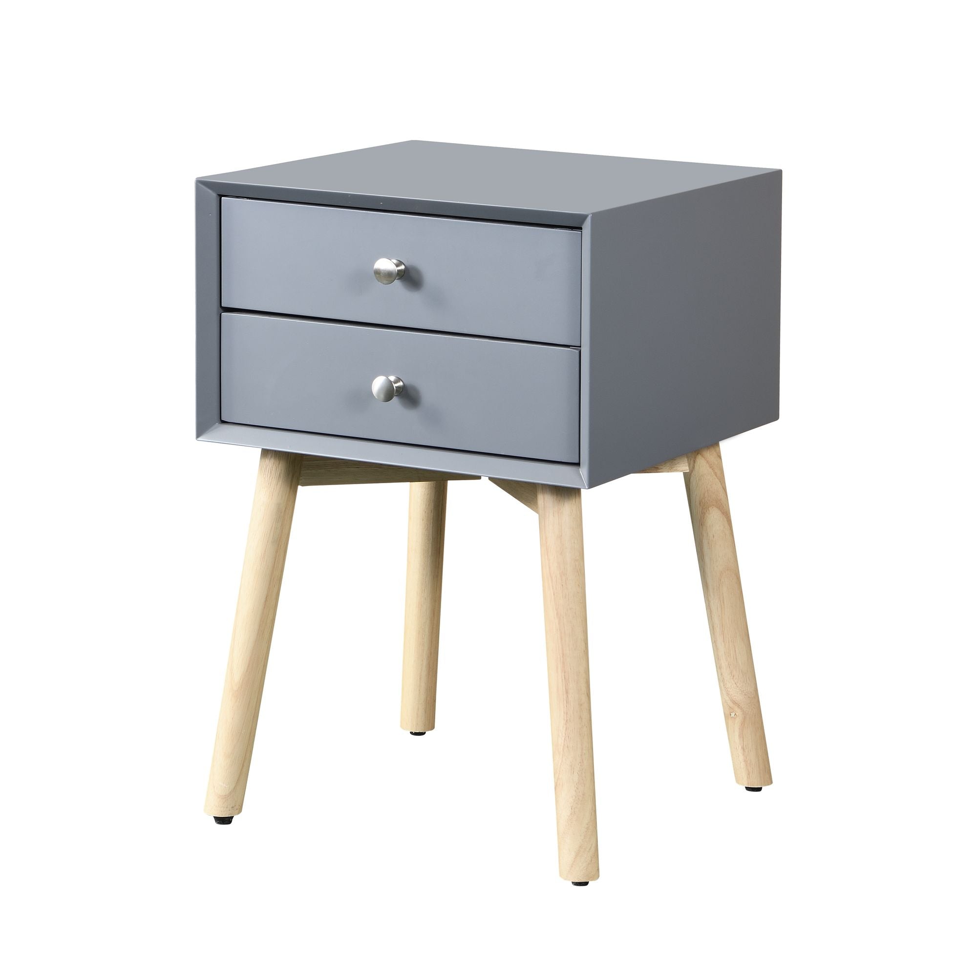 Side Table with 2 Drawer and Rubber Wood Legs; Mid - Century Modern Storage Cabinet for Bedroom Living Room Furniture; Gray - Comfortable Living Decor