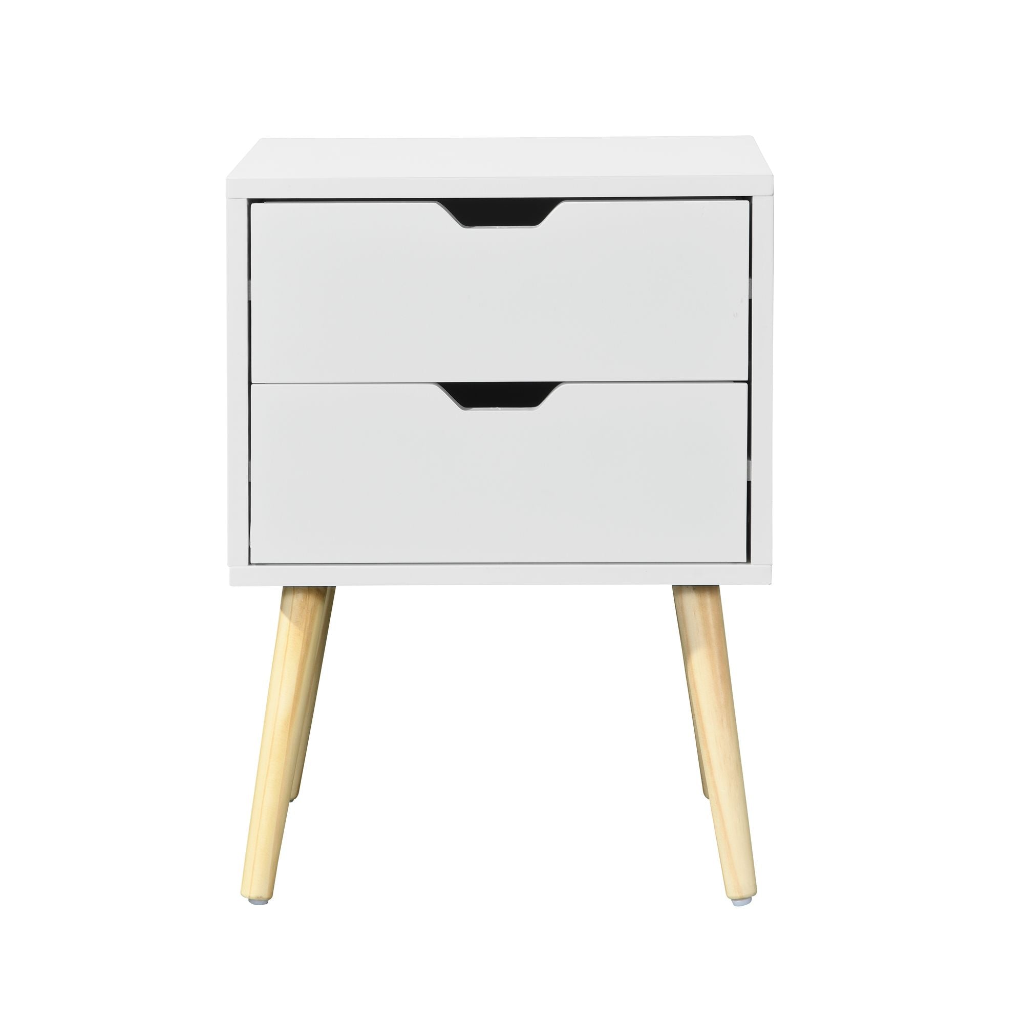 Side Table with 2 Drawer and Rubber Wood Legs; Mid - Century Modern Storage Cabinet for Bedroom Living Room Furniture; White - Comfortable Living Decor