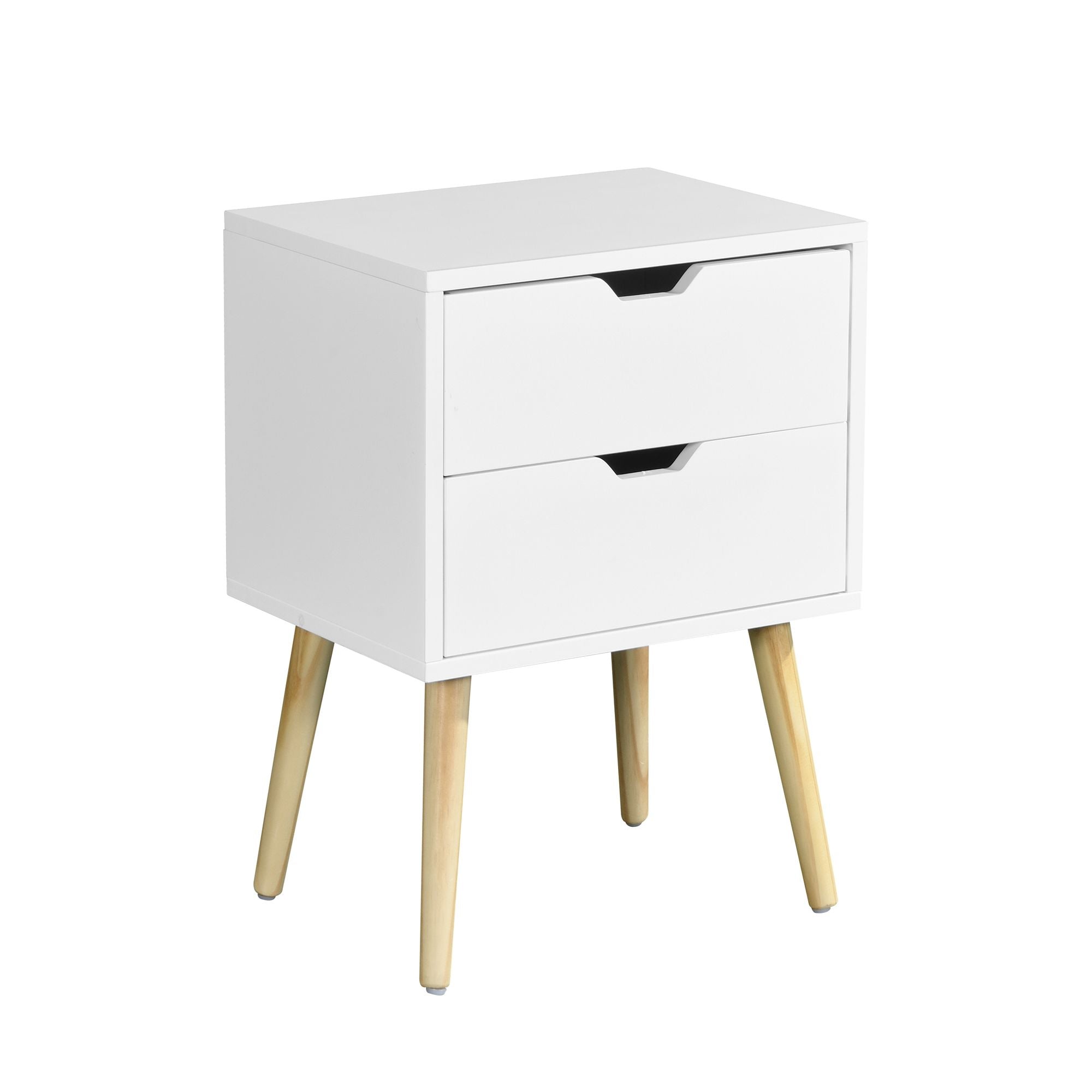 Side Table with 2 Drawer and Rubber Wood Legs; Mid - Century Modern Storage Cabinet for Bedroom Living Room Furniture; White - Comfortable Living Decor