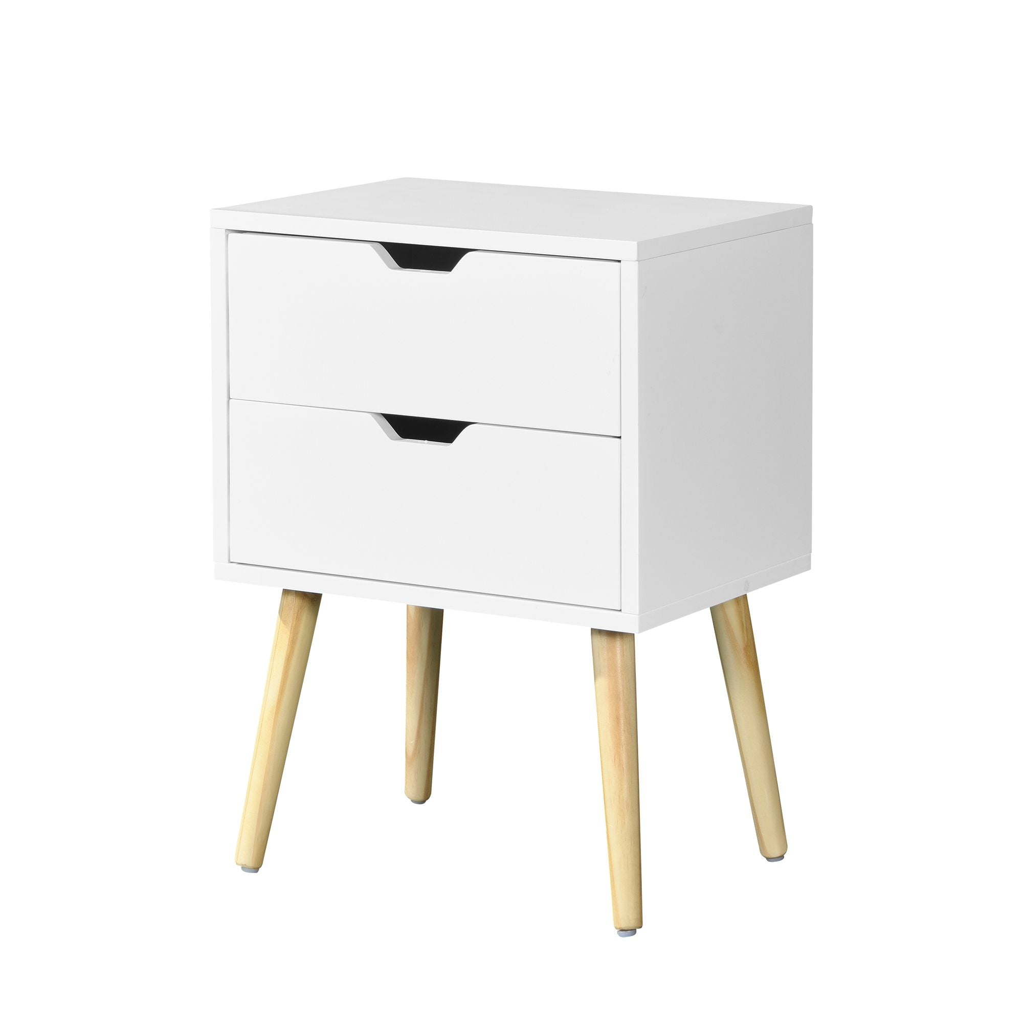 Side Table with 2 Drawer and Rubber Wood Legs; Mid - Century Modern Storage Cabinet for Bedroom Living Room Furniture; White - Comfortable Living Decor