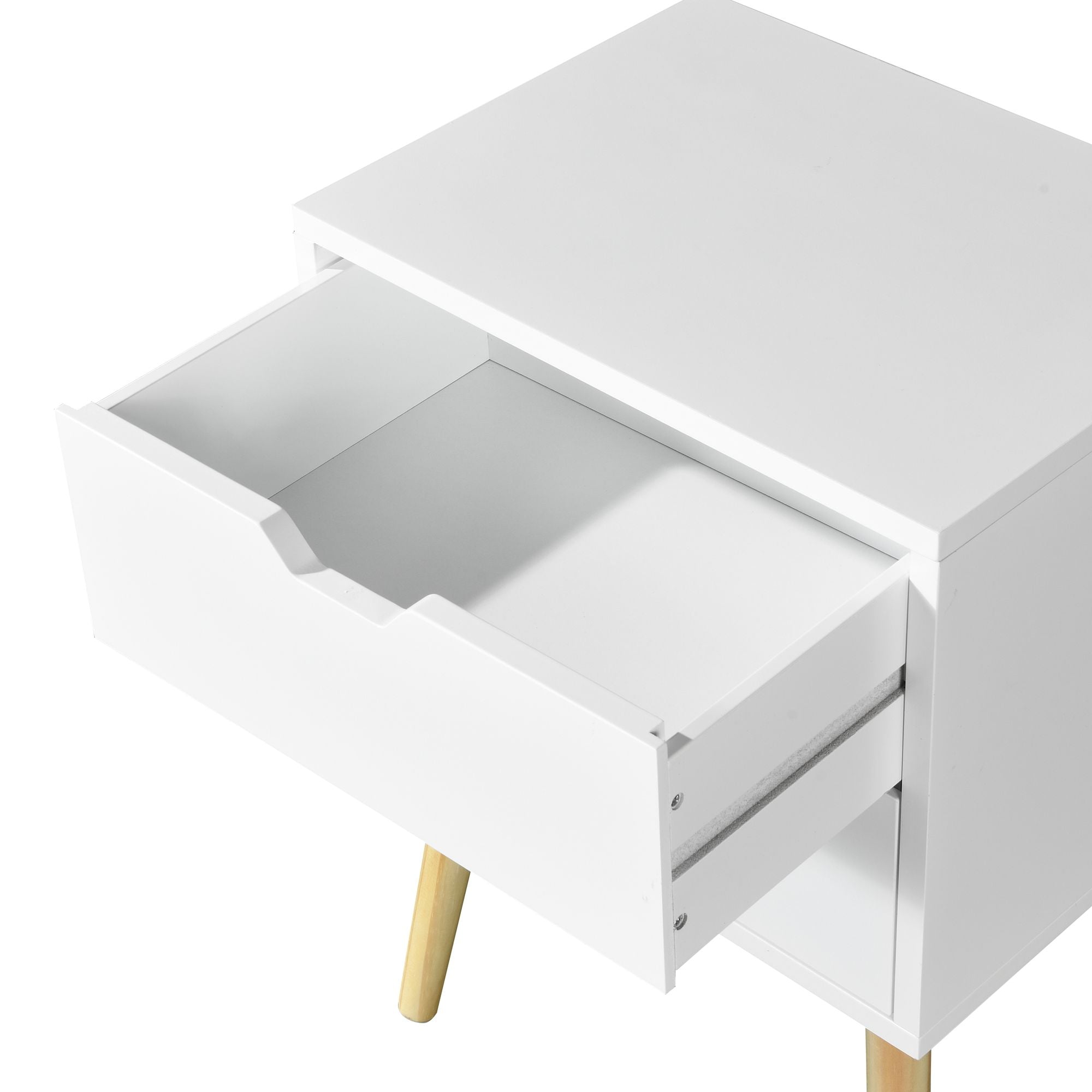 Side Table with 2 Drawer and Rubber Wood Legs; Mid - Century Modern Storage Cabinet for Bedroom Living Room Furniture; White - Comfortable Living Decor