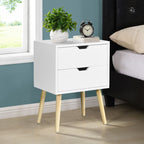 Side Table with 2 Drawer and Rubber Wood Legs; Mid - Century Modern Storage Cabinet for Bedroom Living Room Furniture; White - Comfortable Living Decor