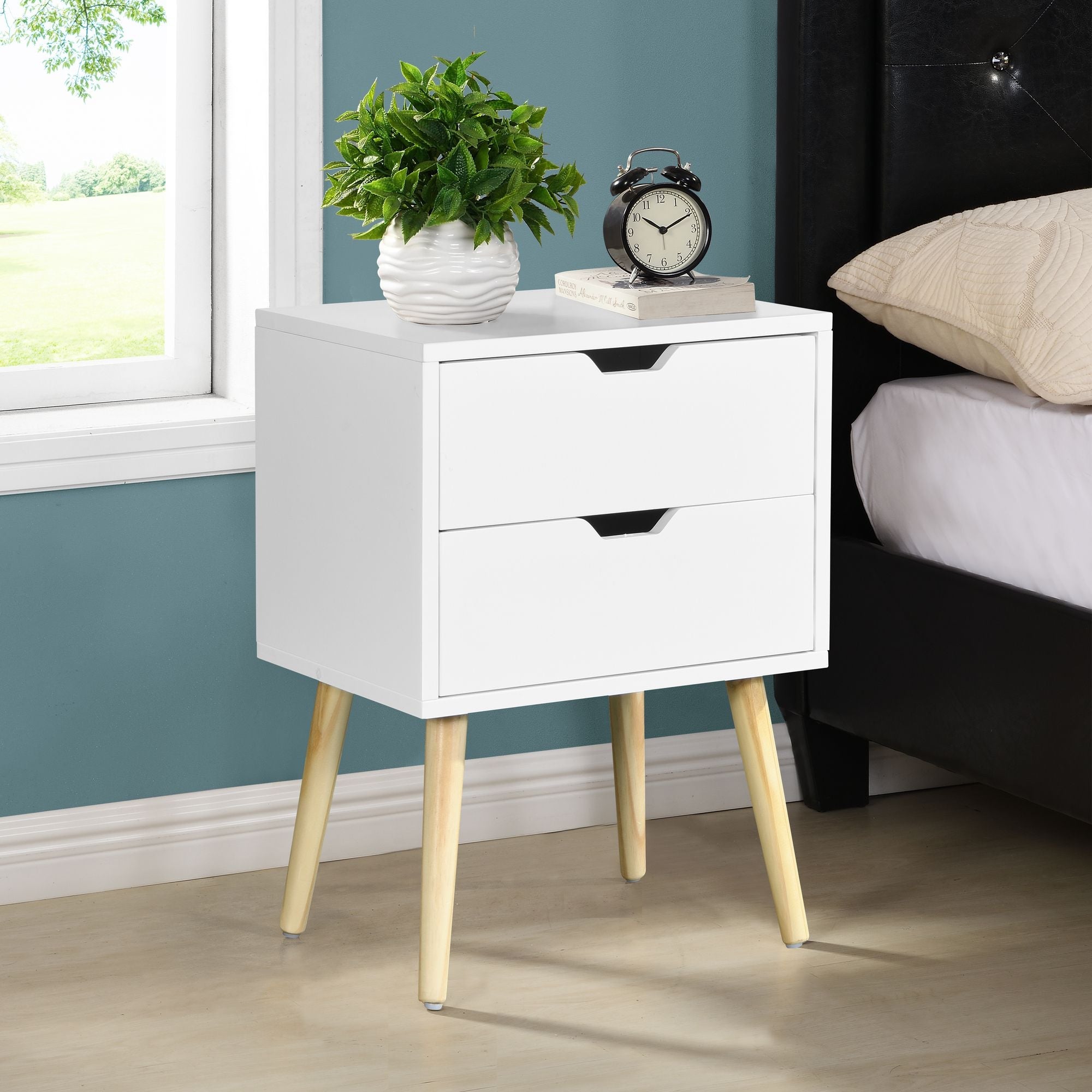 Side Table with 2 Drawer and Rubber Wood Legs; Mid - Century Modern Storage Cabinet for Bedroom Living Room Furniture; White - Comfortable Living Decor