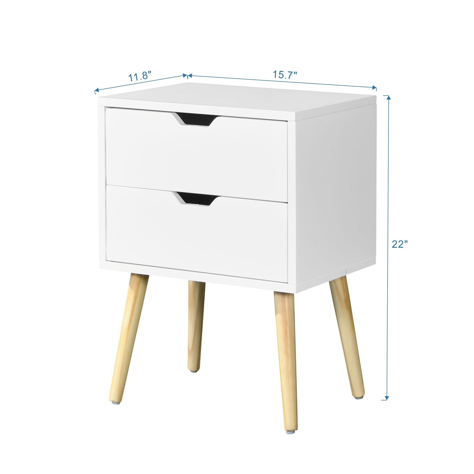 Side Table with 2 Drawer and Rubber Wood Legs; Mid - Century Modern Storage Cabinet for Bedroom Living Room Furniture; White - Comfortable Living Decor