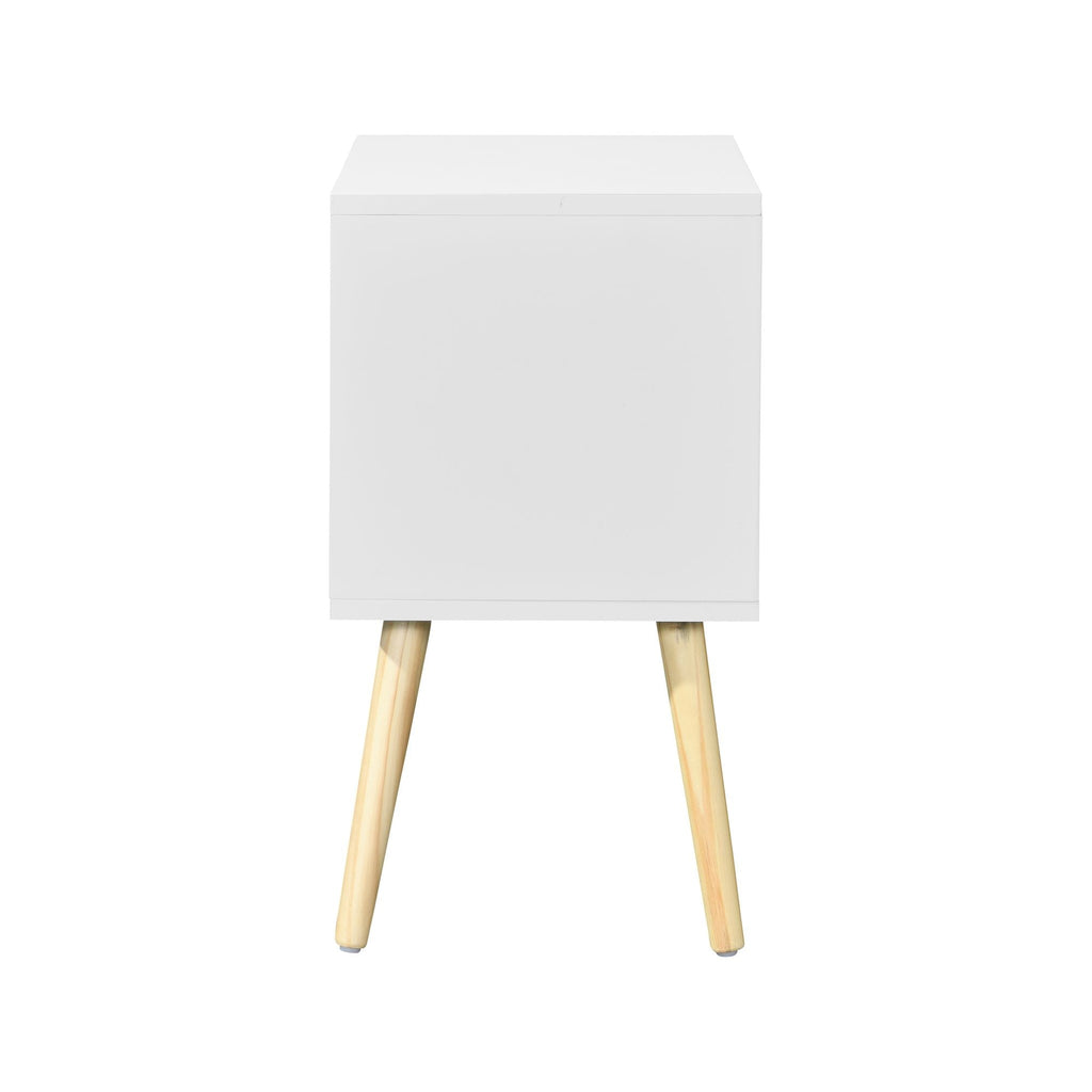 Side Table with 2 Drawer and Rubber Wood Legs; Mid - Century Modern Storage Cabinet for Bedroom Living Room Furniture; White - Comfortable Living Decor