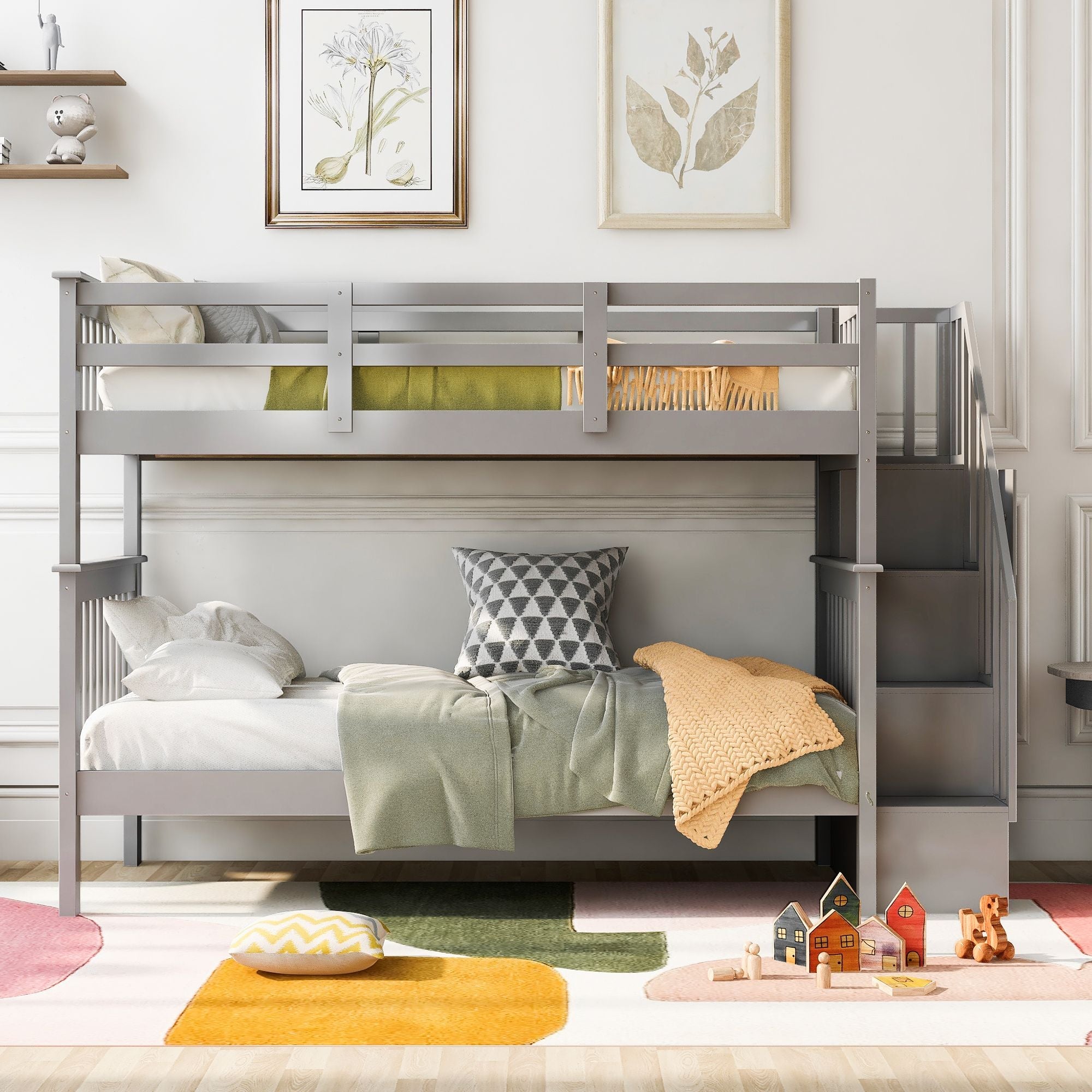 Stairway Twin - Over - Twin Bunk Bed with Storage and Guard Rail for Bedroom, Dorm - Comfortable Living Decor