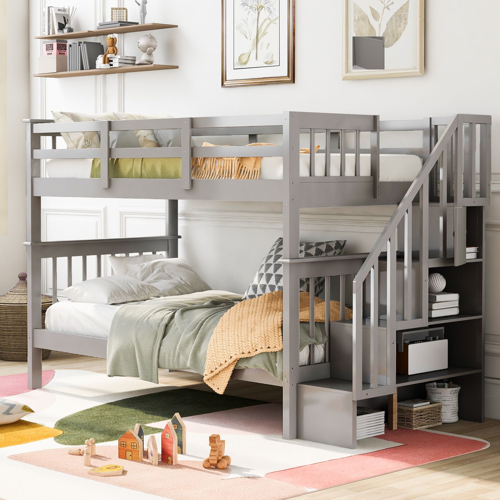 Stairway Twin - Over - Twin Bunk Bed with Storage and Guard Rail for Bedroom, Dorm - Comfortable Living Decor