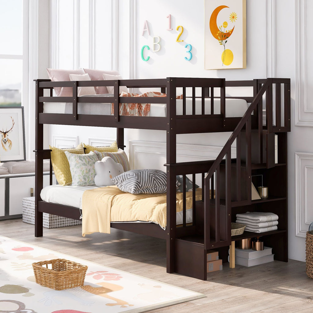Stairway Twin - Over - Twin Bunk Bed with Storage and Guard Rail for Bedroom, Dorm - Comfortable Living Decor