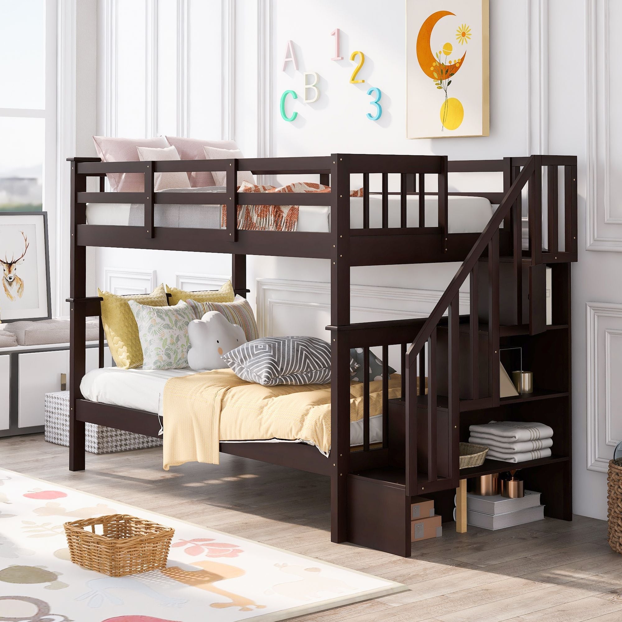 Stairway Twin - Over - Twin Bunk Bed with Storage and Guard Rail for Bedroom, Dorm - Comfortable Living Decor