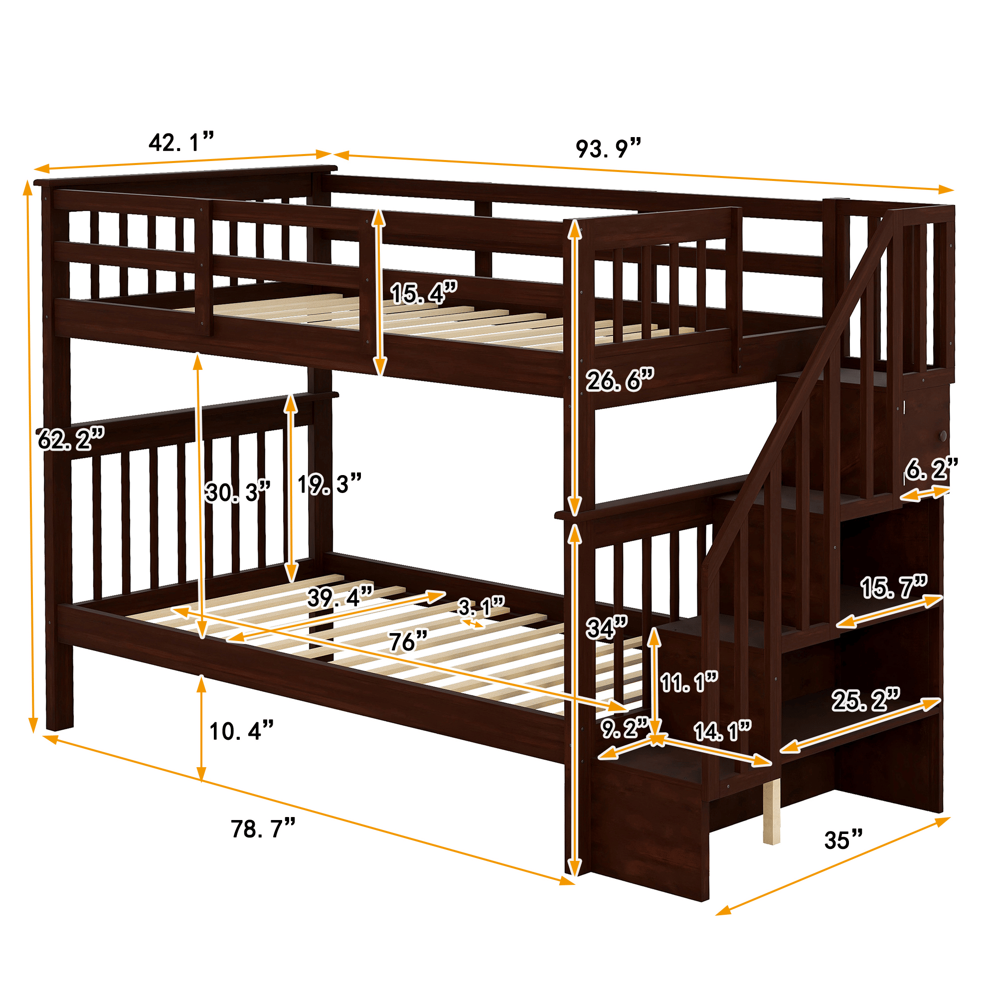 Stairway Twin - Over - Twin Bunk Bed with Storage and Guard Rail for Bedroom, Dorm - Comfortable Living Decor