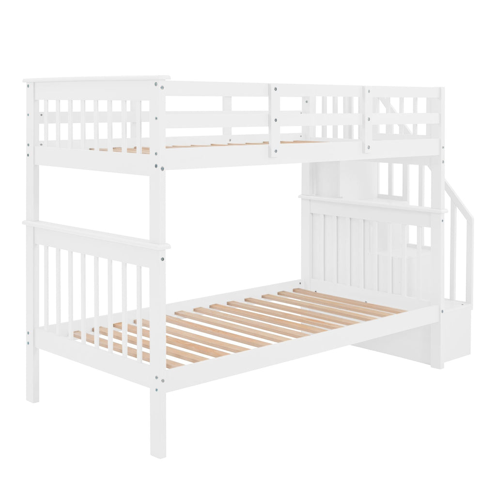 Stairway Twin - Over - Twin Bunk Bed with Storage and Guard Rail for Bedroom, Dorm - Comfortable Living Decor