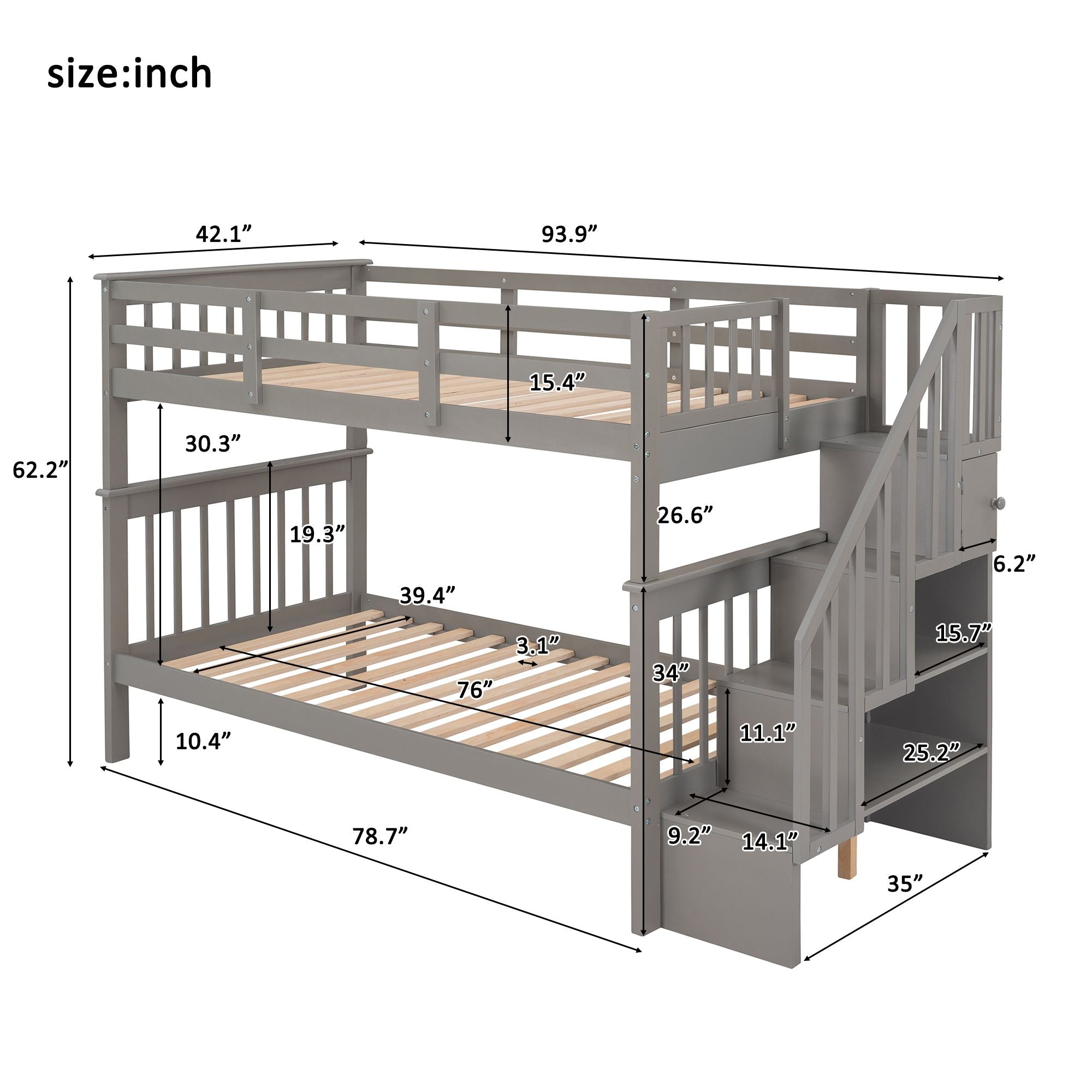 Stairway Twin - Over - Twin Bunk Bed with Storage and Guard Rail for Bedroom, Dorm - Comfortable Living Decor