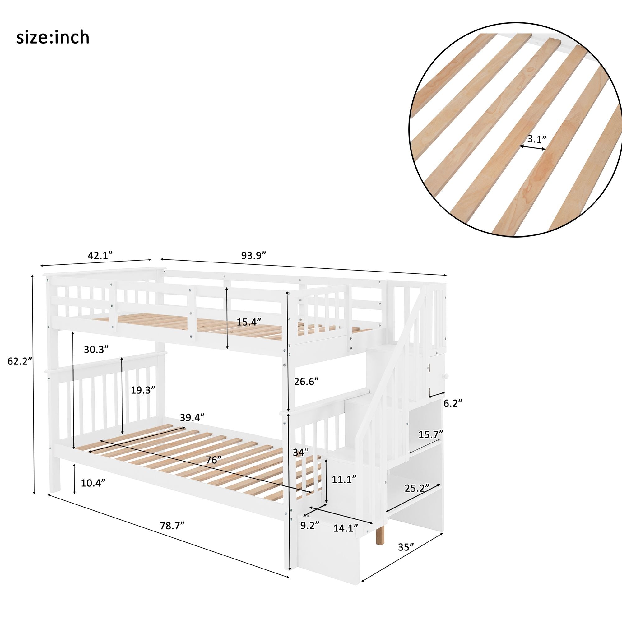 Stairway Twin - Over - Twin Bunk Bed with Storage and Guard Rail for Bedroom, Dorm - Comfortable Living Decor