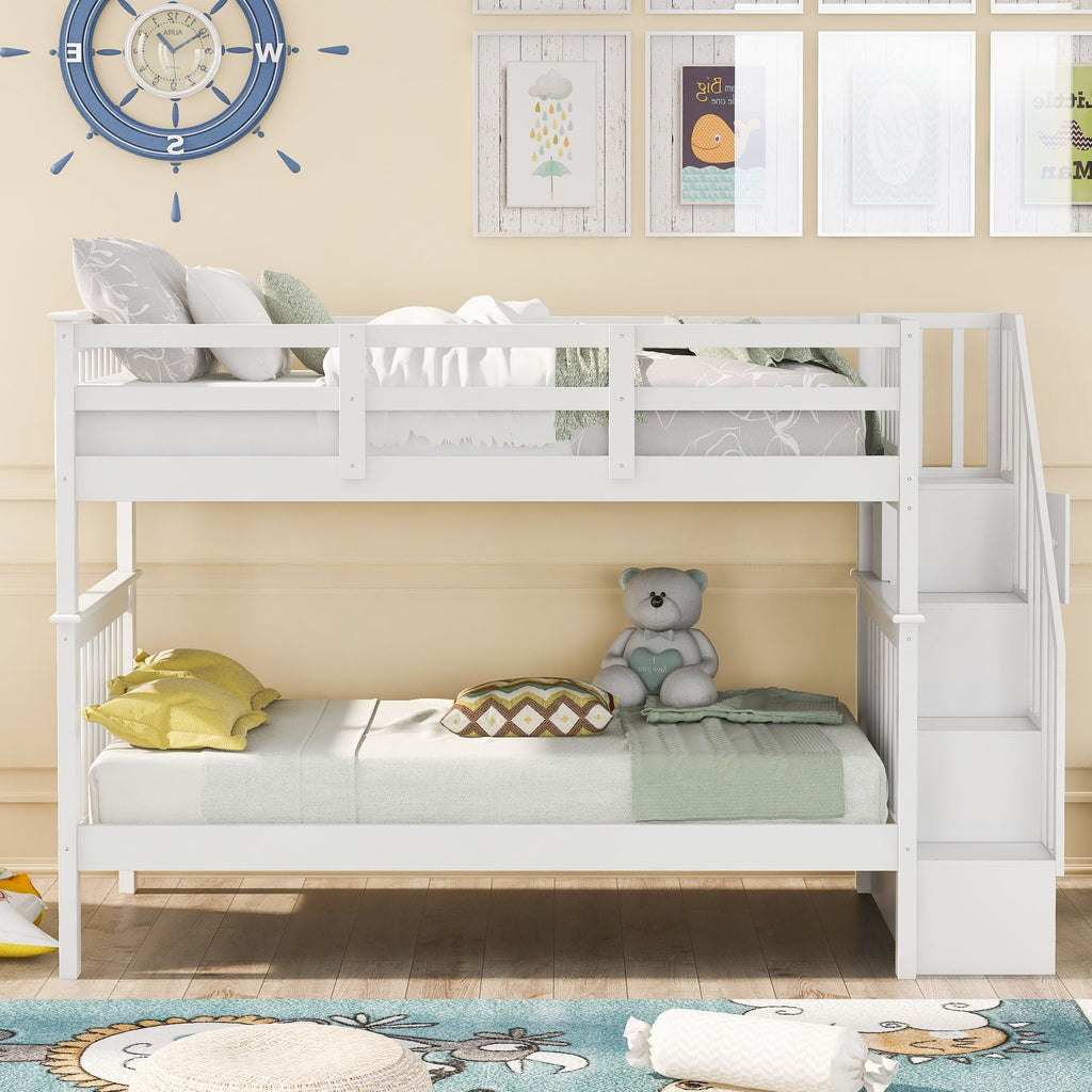 Stairway Twin - Over - Twin Bunk Bed with Storage and Guard Rail for Bedroom, Dorm - Comfortable Living Decor