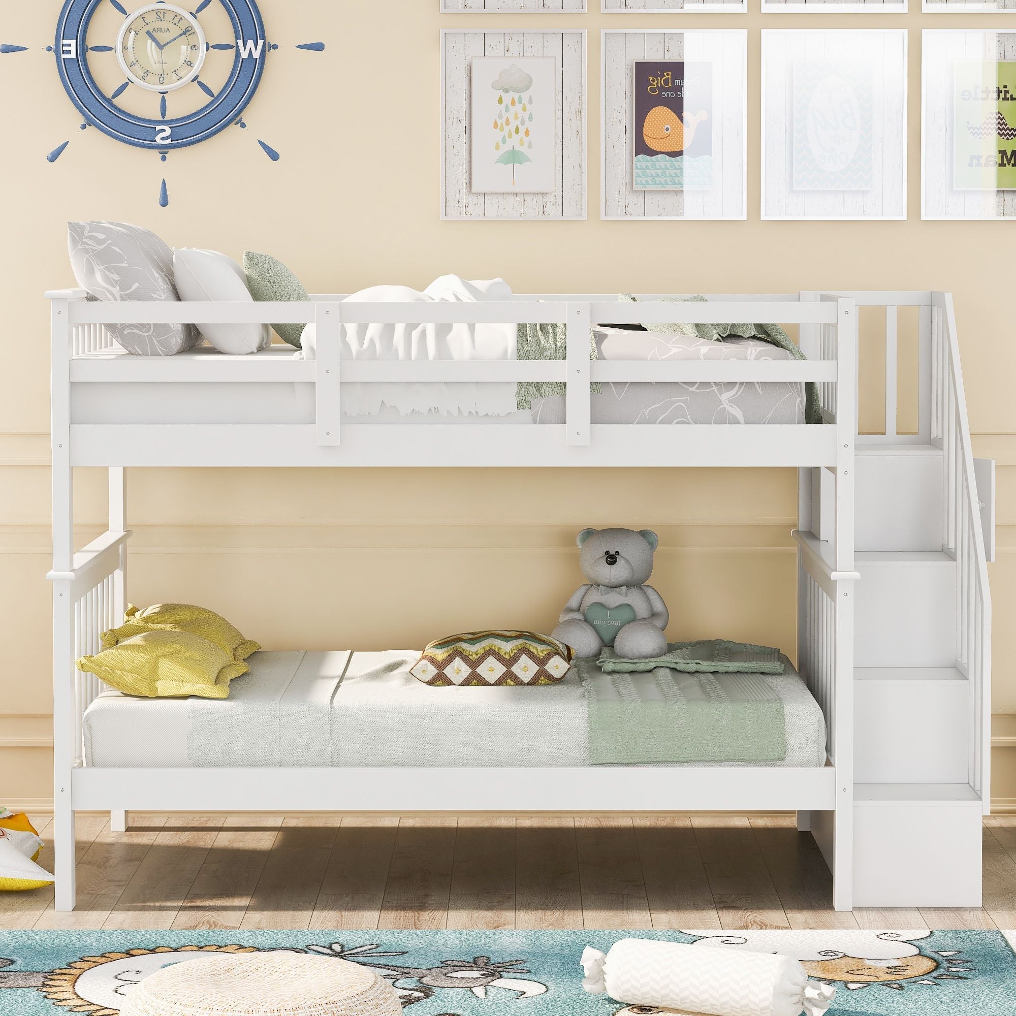 Stairway Twin - Over - Twin Bunk Bed with Storage and Guard Rail for Bedroom, Dorm - Comfortable Living Decor