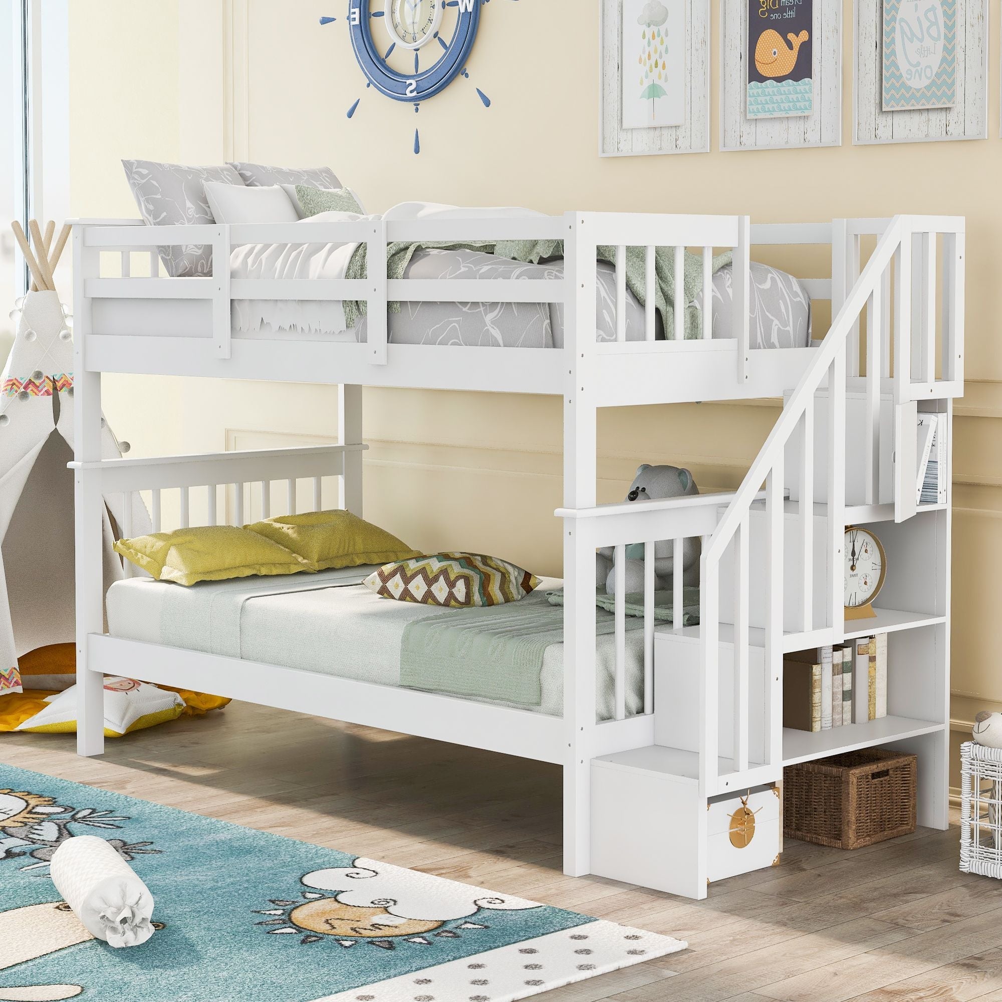 Stairway Twin - Over - Twin Bunk Bed with Storage and Guard Rail for Bedroom, Dorm - Comfortable Living Decor