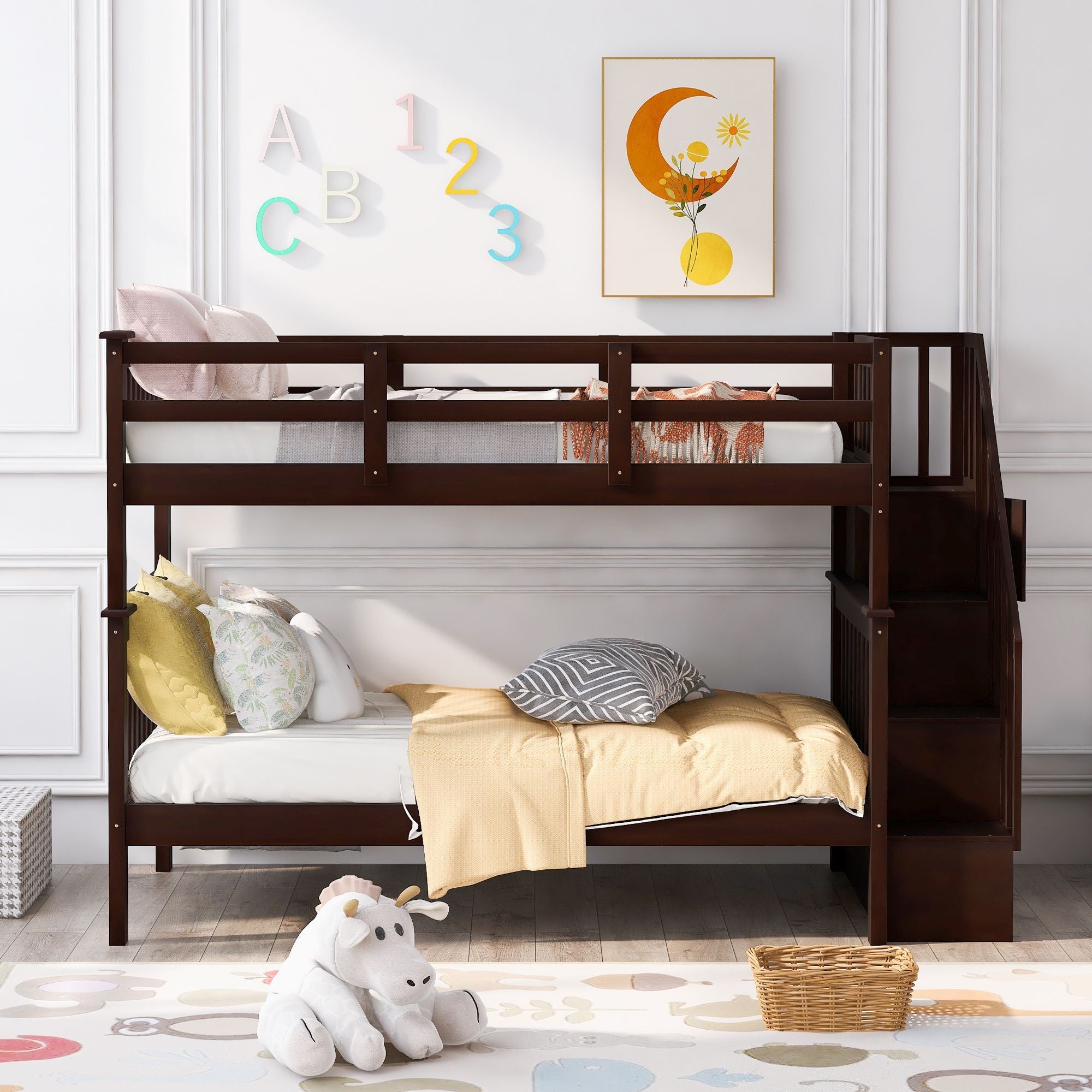 Stairway Twin - Over - Twin Bunk Bed with Storage and Guard Rail for Bedroom, Dorm - Comfortable Living Decor