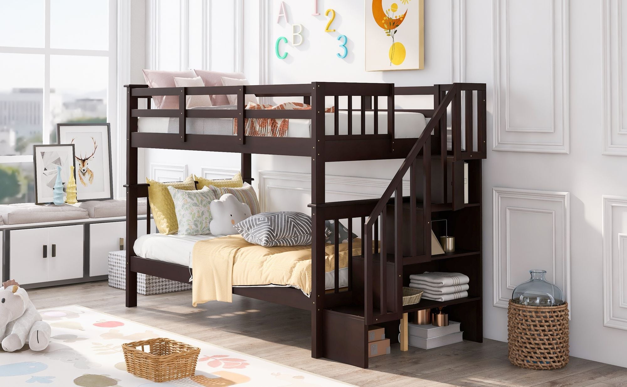Stairway Twin - Over - Twin Bunk Bed with Storage and Guard Rail for Bedroom, Dorm - Comfortable Living Decor
